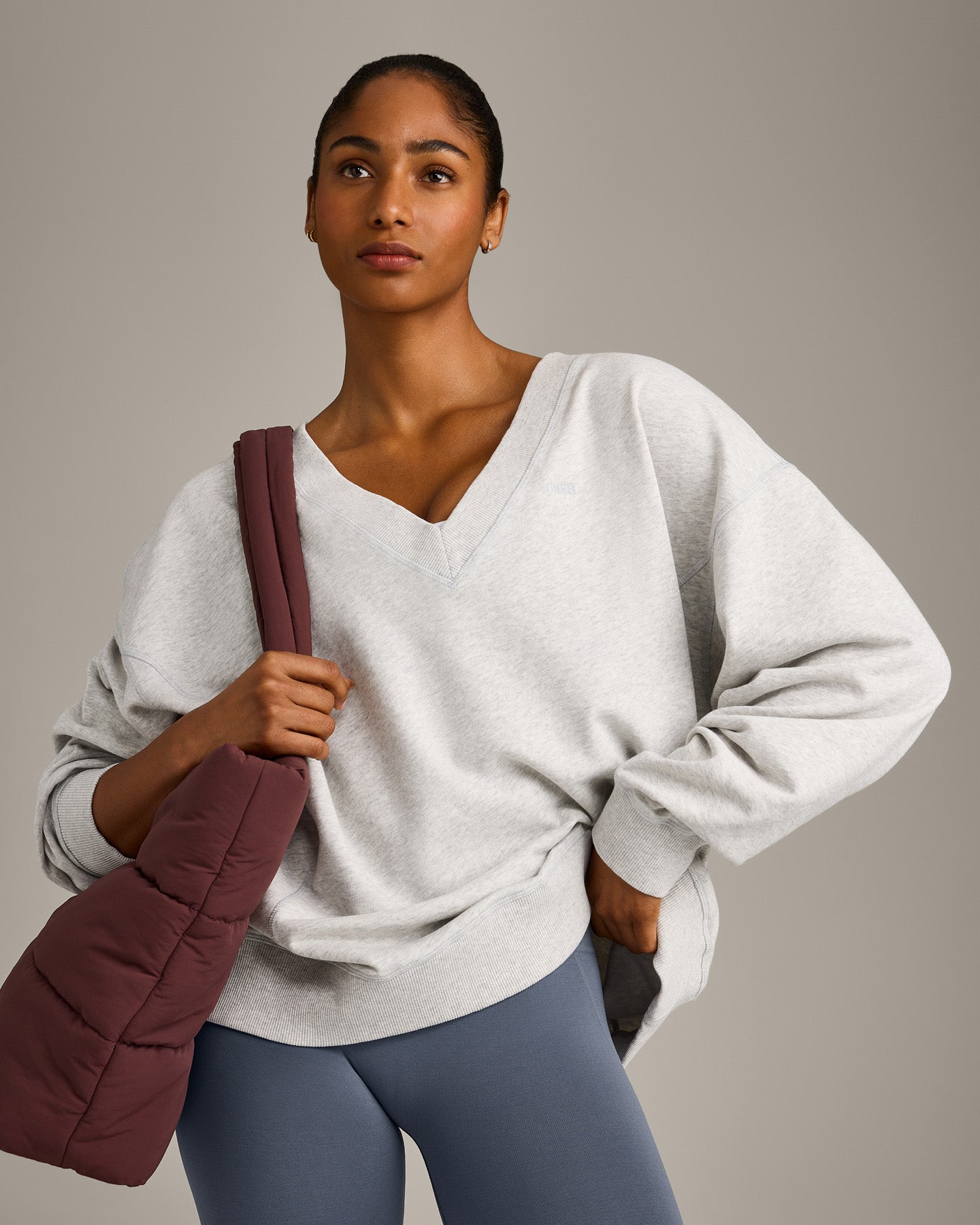 Cotton Vintage Lounge V Neck Sweatshirt | Light Grey Marl - Image 4