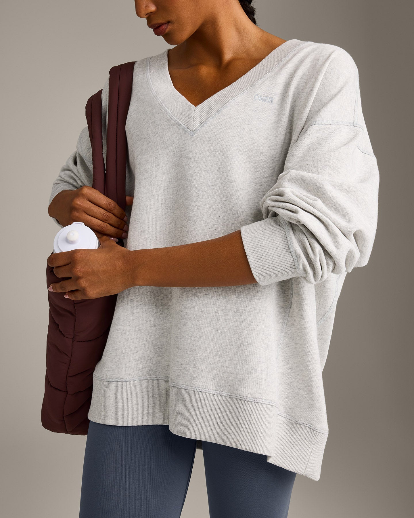 Cotton Vintage Lounge V Neck Sweatshirt | Light Grey Marl - Image 5