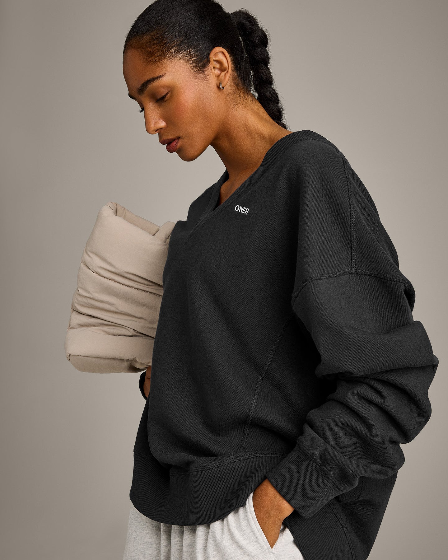 Cotton Vintage Lounge V Neck Sweatshirt | Washed Black - Image 5