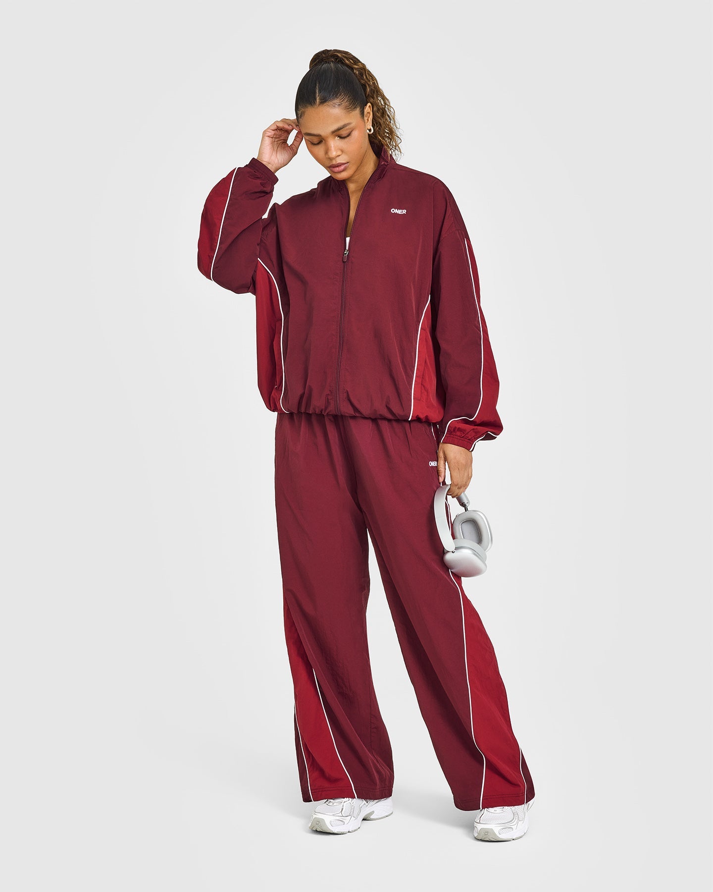 Oversized Piped Woven Track Jacket | Rosewood - Image 2