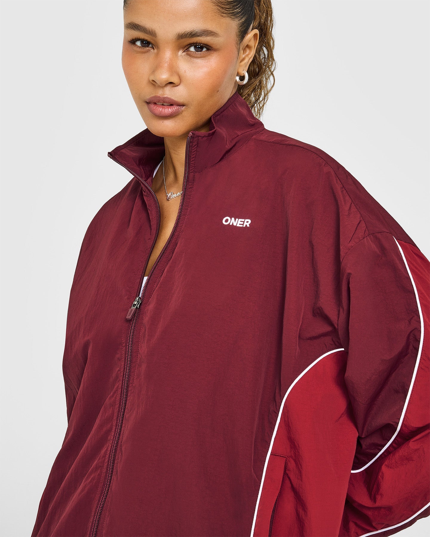 Oversized Piped Woven Track Jacket | Rosewood - Image 4