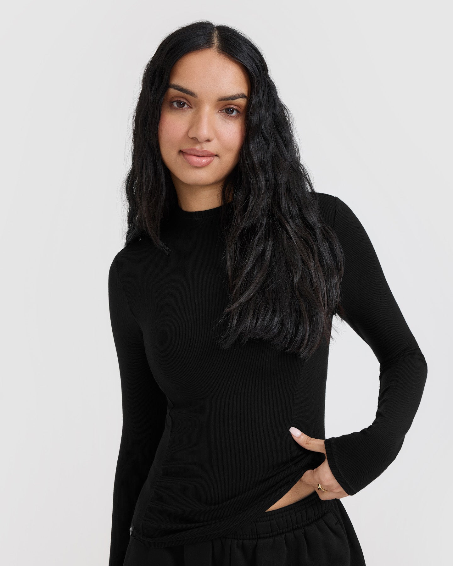 Mellow Rib Mock Neck Long Sleeve Top | Black - Image 4