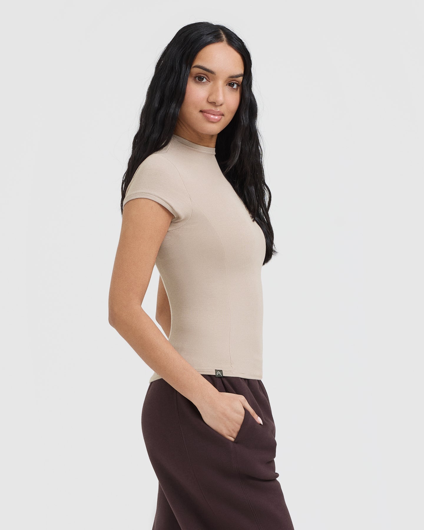 Mellow Rib Mock Neck T-Shirt | Mushroom Brown - Image 3