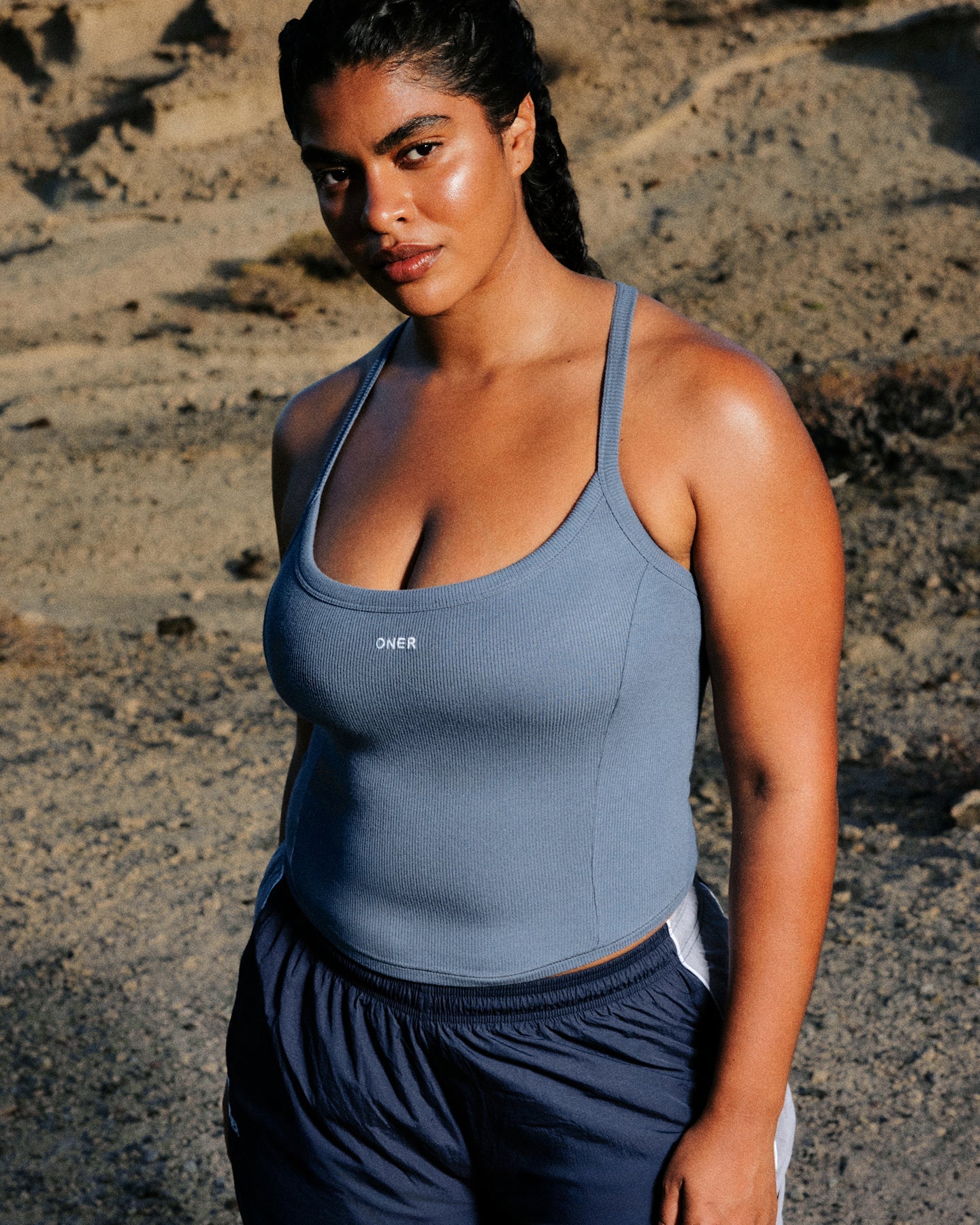 Alternative view of Mellow Rib Racer Back Mid Vest with Built in Bra Shelf | Granite Blue