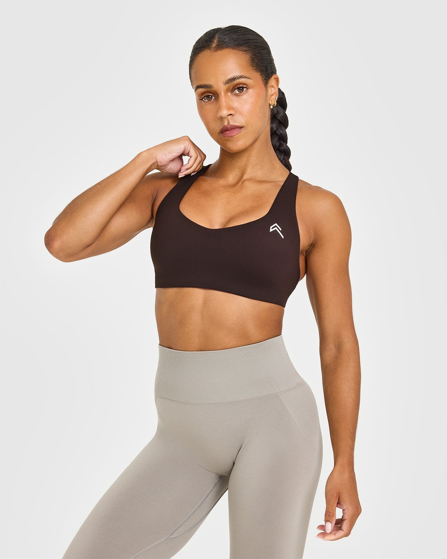 EasyLift Cross Back Sports Bra with White Logo | 70% Cocoa