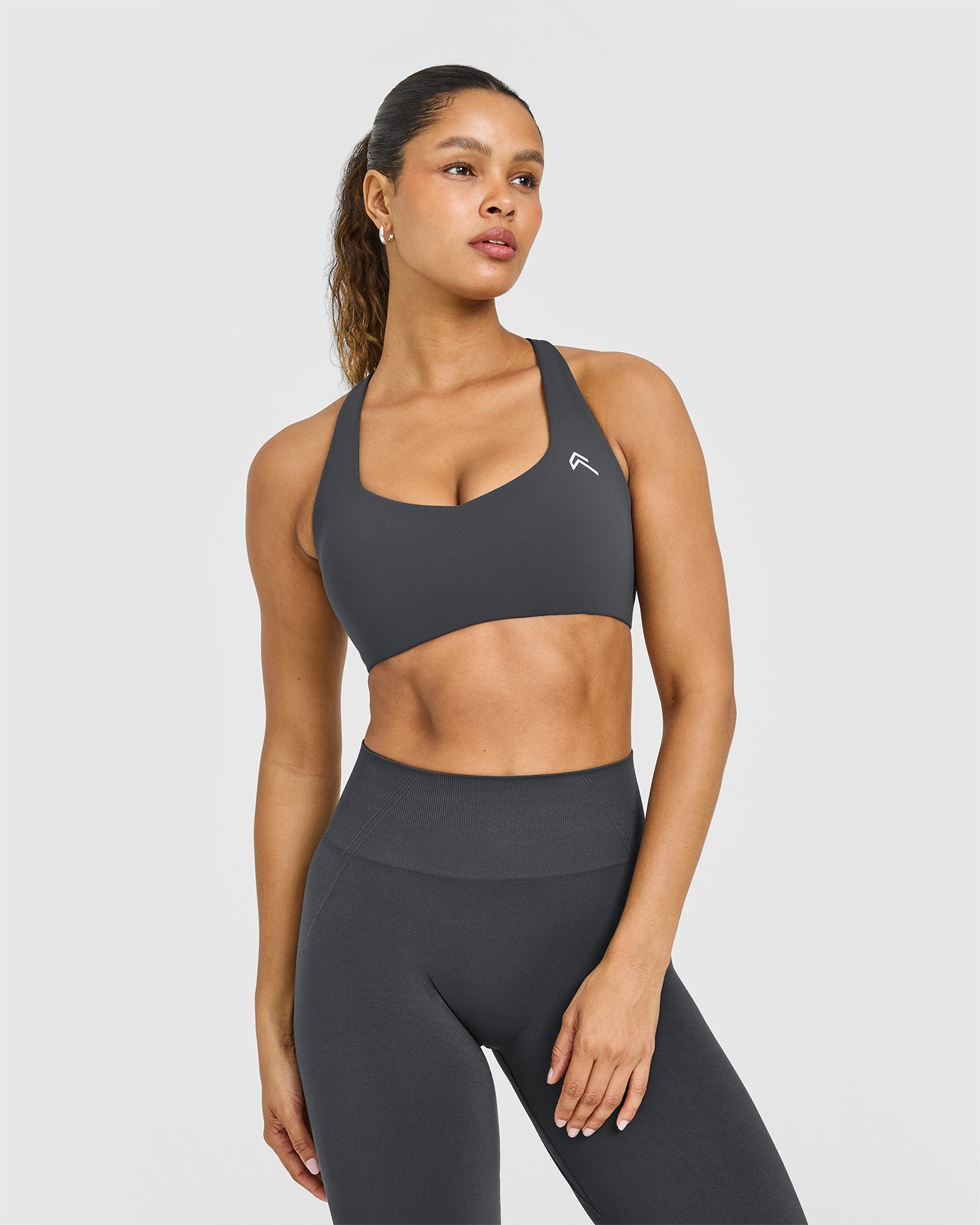EasyLift Cross Back Sports Bra with White Logo | Coal