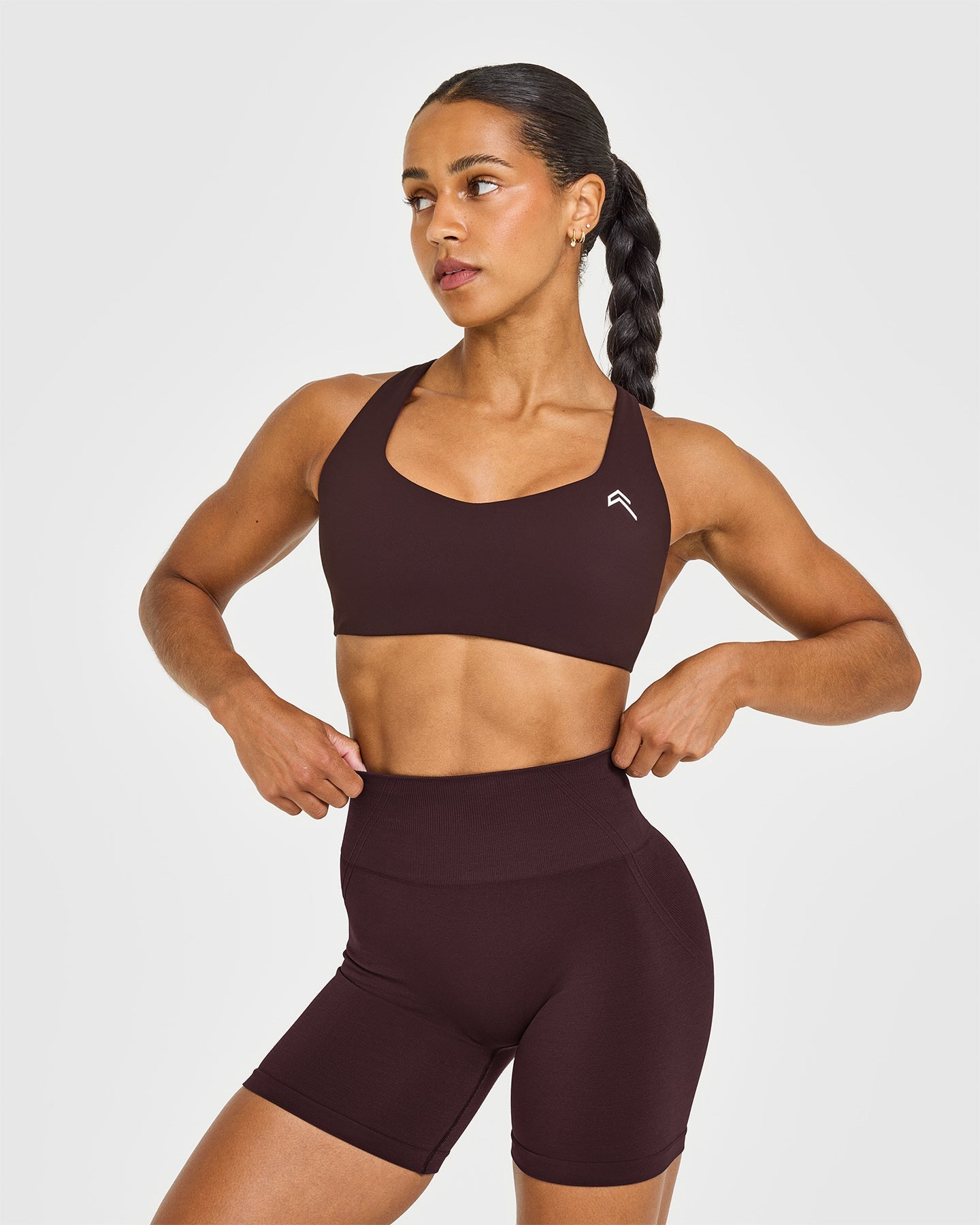 EasyLift Cross Back Sports Bra with White Logo | Plum Brown