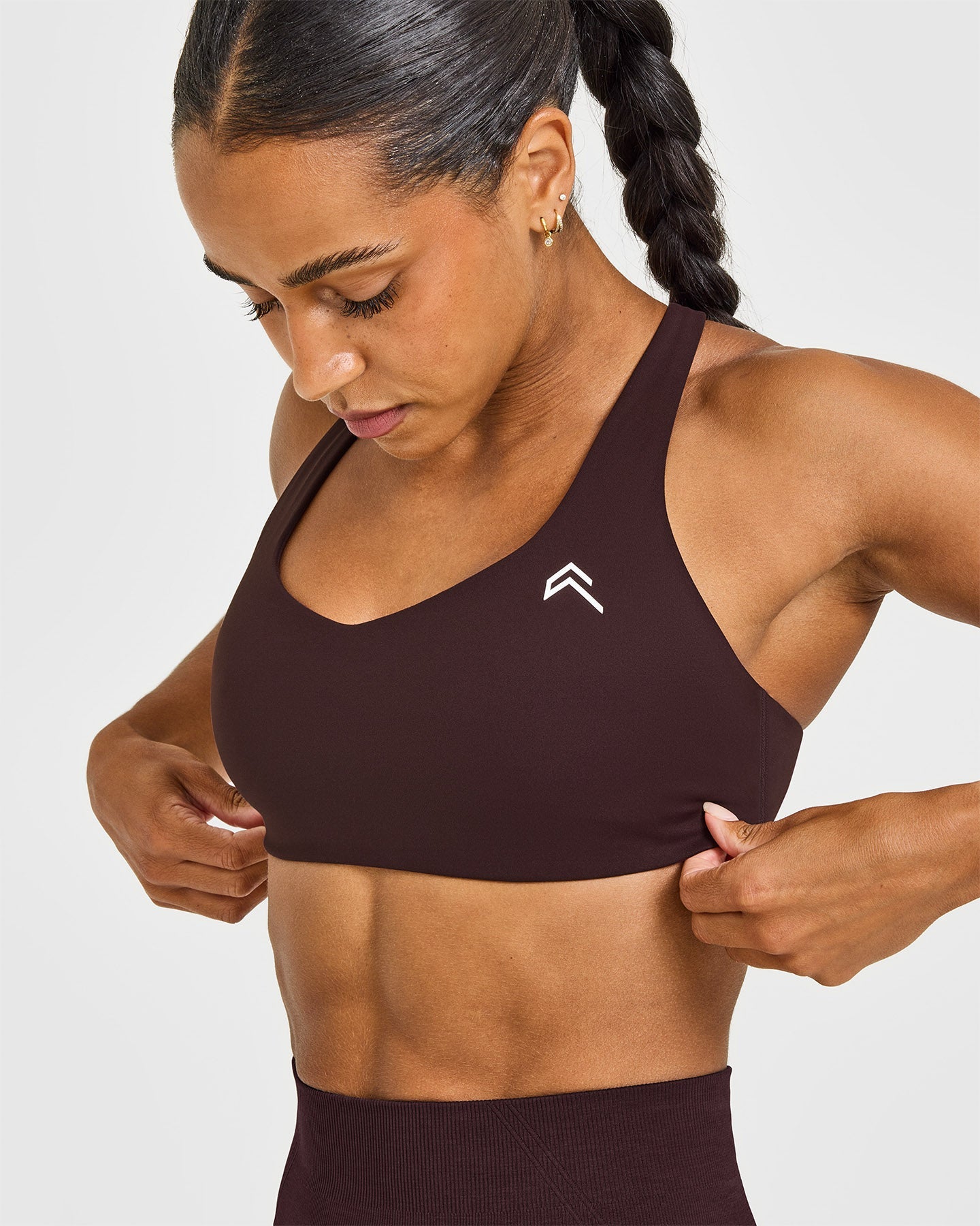 Alternative view of EasyLift Cross Back Sports Bra with White Logo | Plum Brown