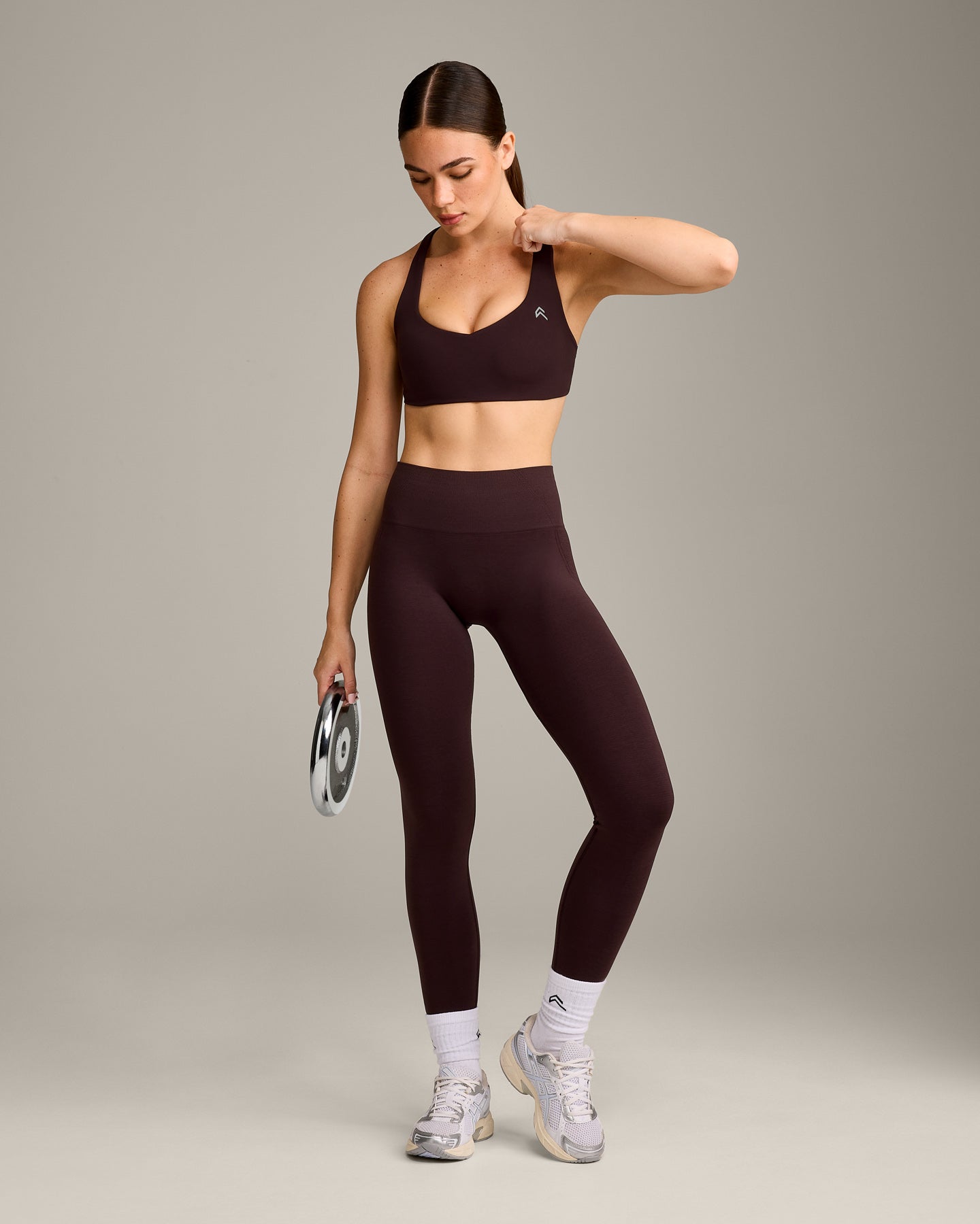 EasyLift Cross Back Sports Bra with Grey Logo | Plum Brown - Image 3