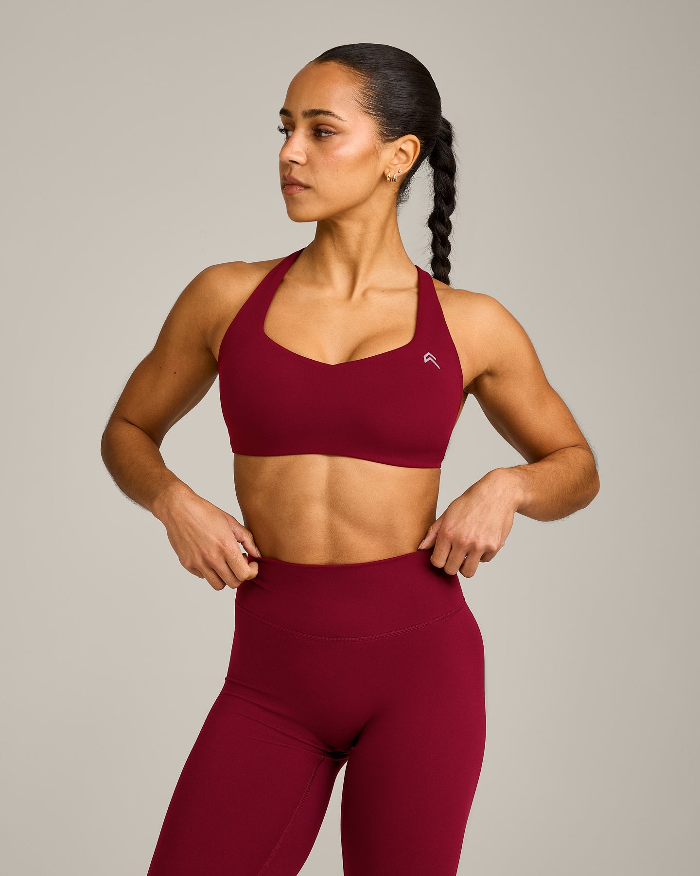 EasyLift Cross Back Sports Bra with Grey Logo | Ruby Red