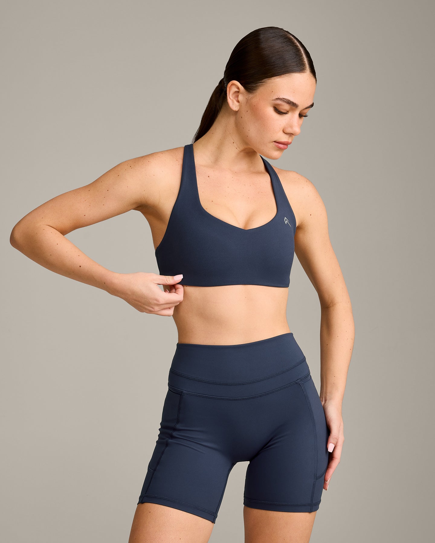 EasyLift Cross Back Sports Bra with Grey Logo | True Blue
