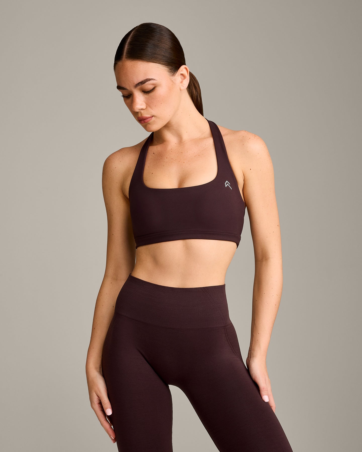 EasyLift Halter Bralette with Grey Logo | Plum Brown