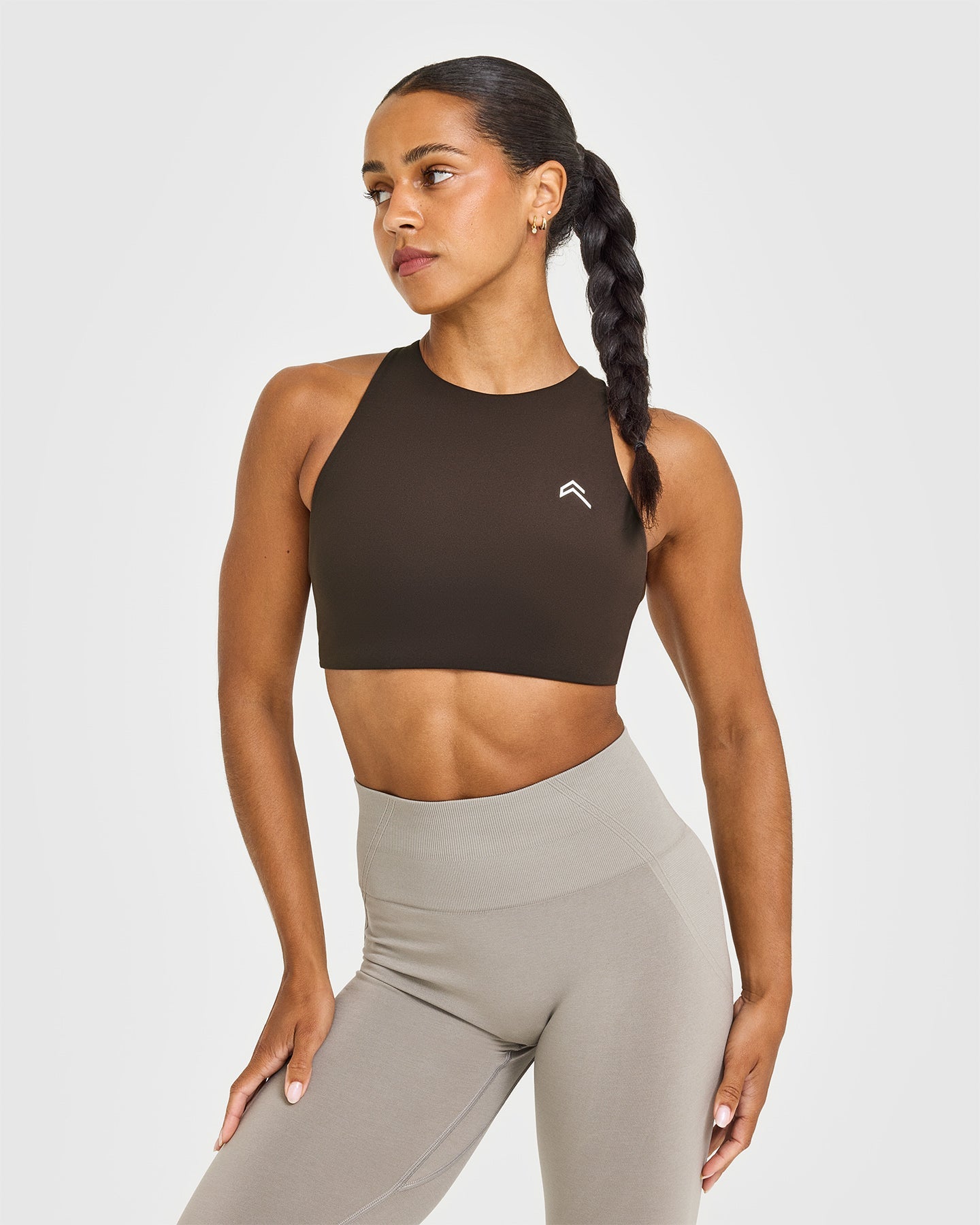 EasyLift High Neck Sports Bra with White Logo | 70% Cocoa