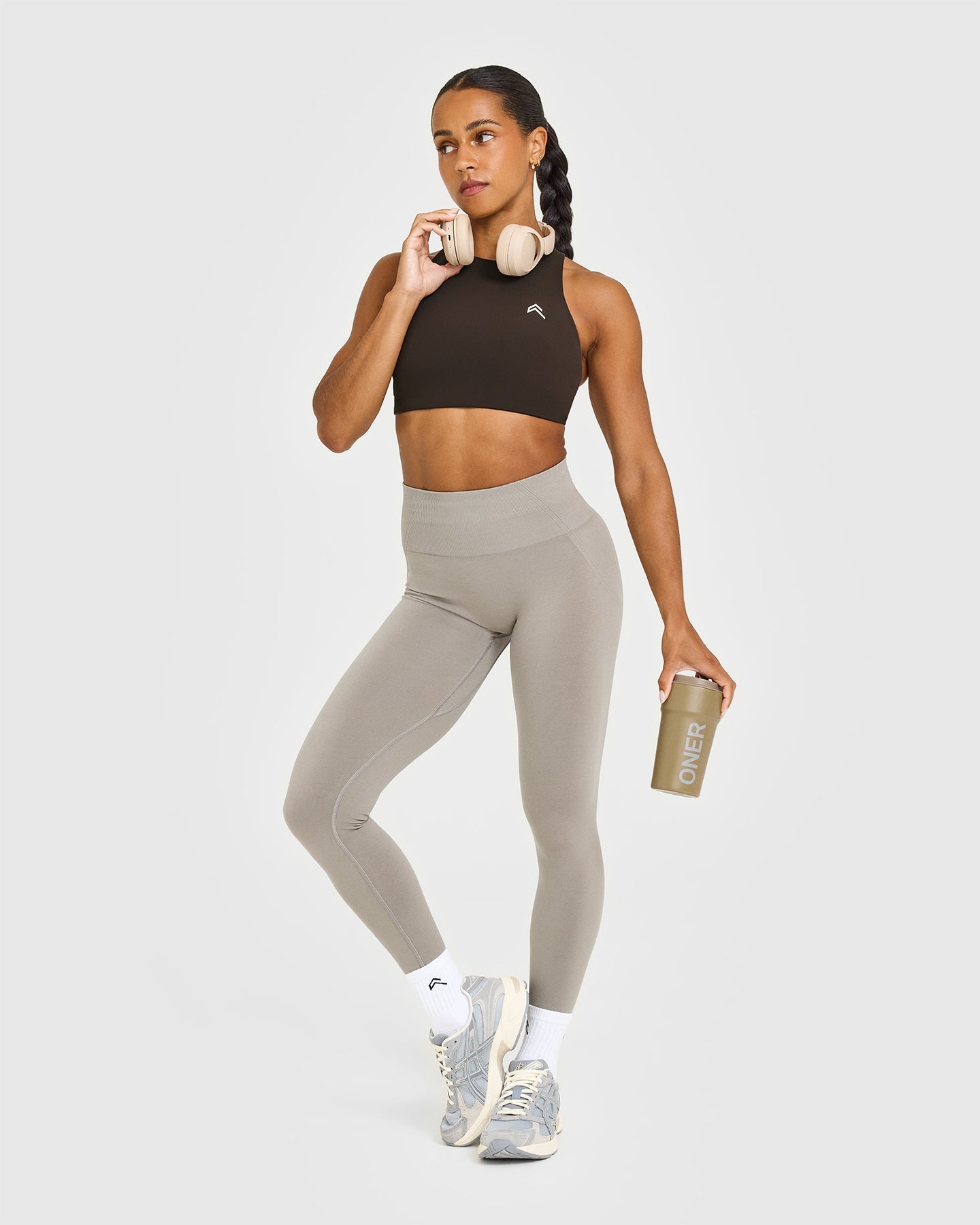EasyLift High Neck Sports Bra with White Logo | 70% Cocoa - Image 5