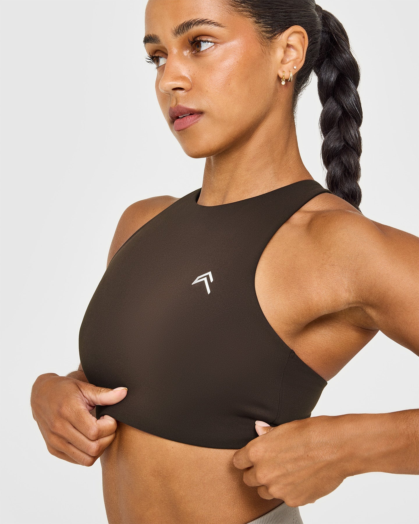 EasyLift High Neck Sports Bra with White Logo | 70% Cocoa - Image 3