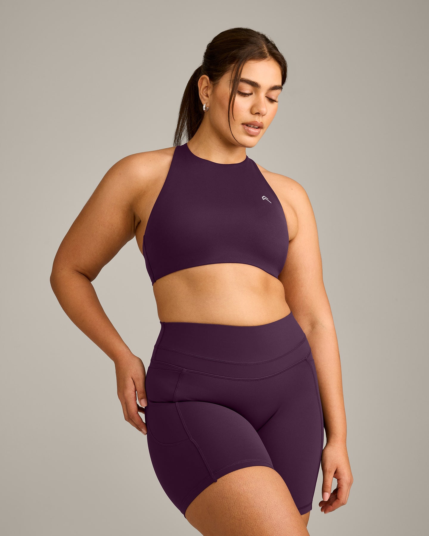 EasyLift High Neck Sports Bra with Grey Logo | Blackberry Purple