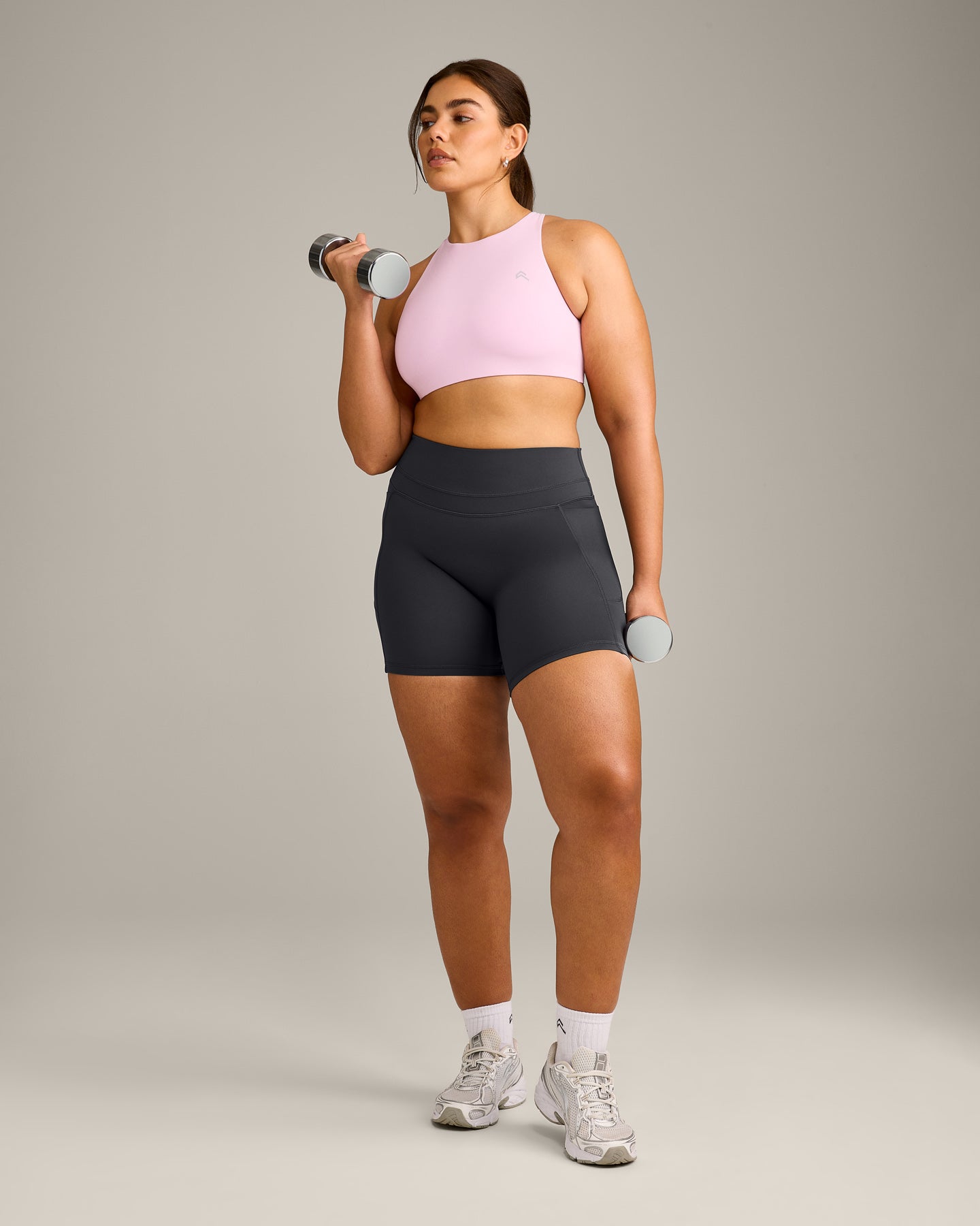EasyLift High Neck Sports Bra with Grey Logo | Chalk Pink - Image 3