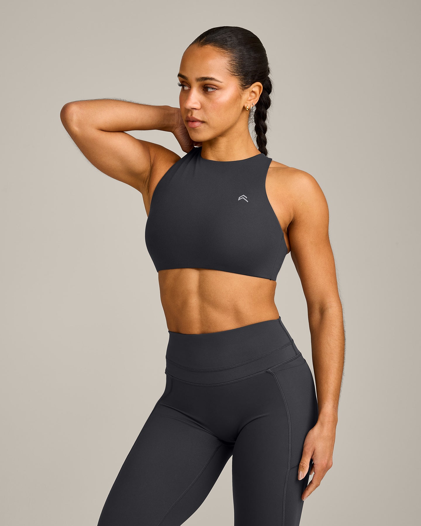 EasyLift High Neck Sports Bra with Grey Logo | Coal