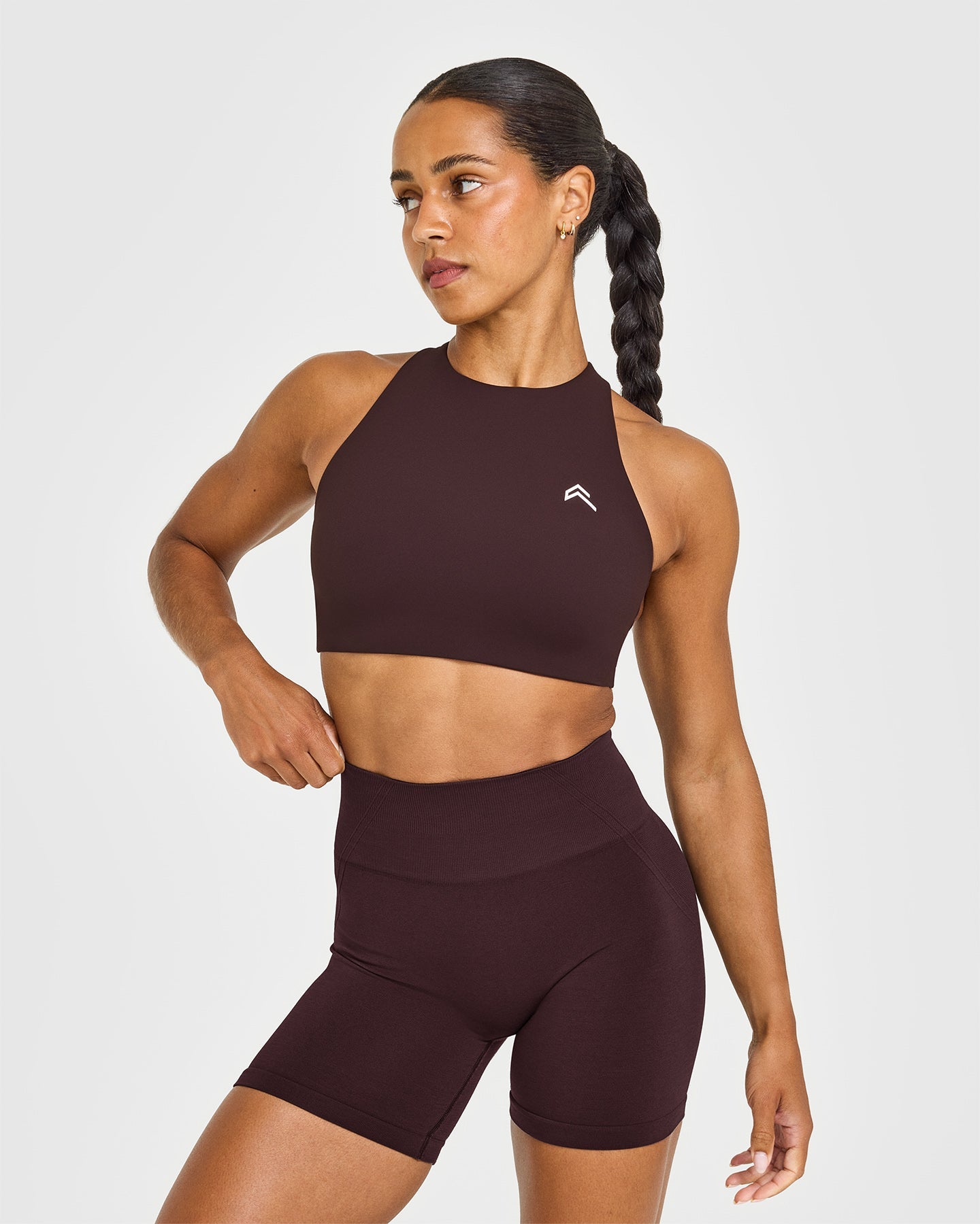 EasyLift High Neck Sports Bra with White Logo | Plum Brown