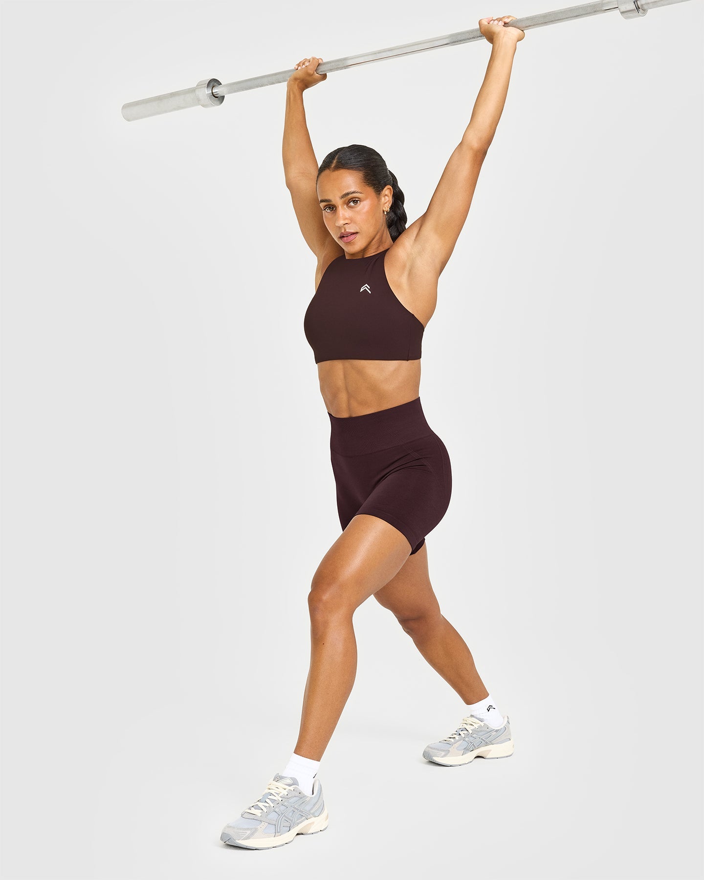 EasyLift High Neck Sports Bra with White Logo | Plum Brown - Image 3
