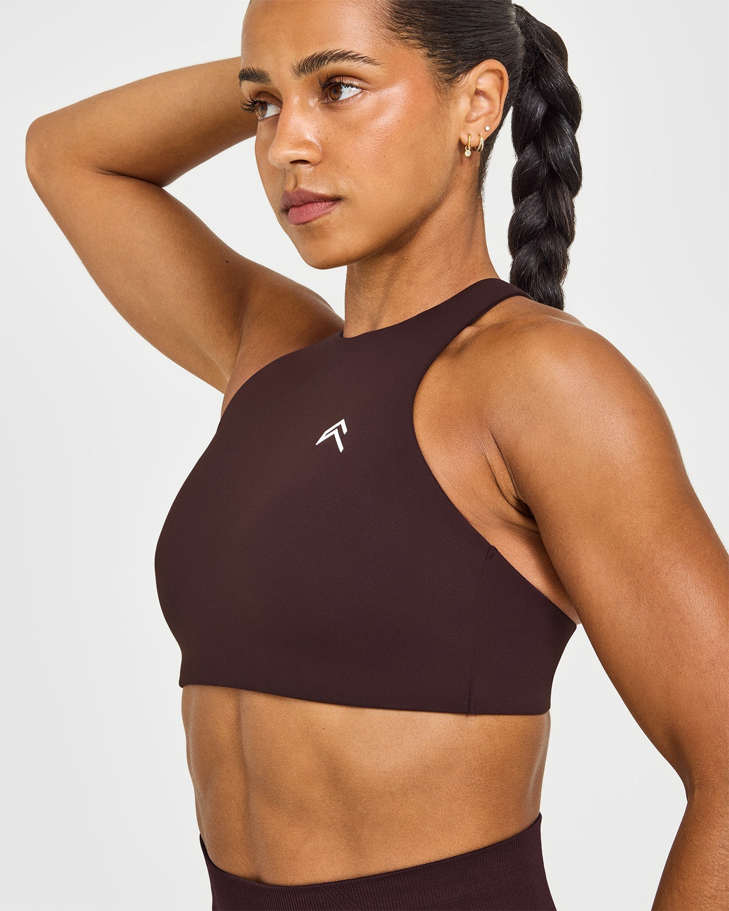 EasyLift High Neck Sports Bra with White Logo | Plum Brown - Image 5