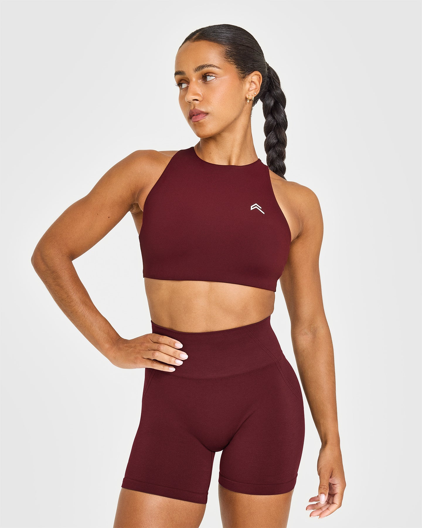 EasyLift High Neck Sports Bra with White Logo | Rosewood