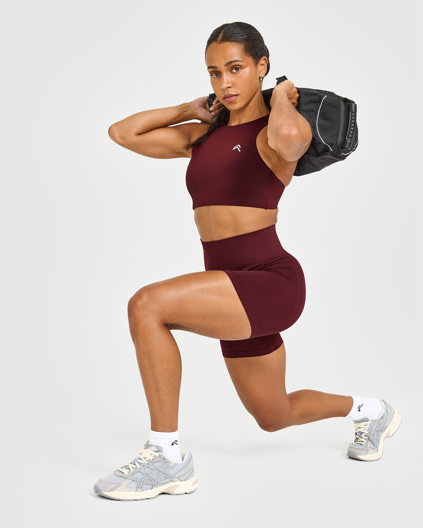 EasyLift High Neck Sports Bra with White Logo | Rosewood - Image 6