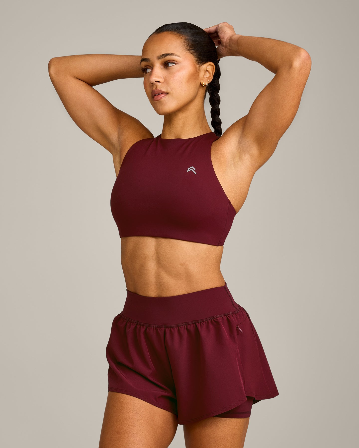 EasyLift High Neck Sports Bra with Grey Logo | Rosewood