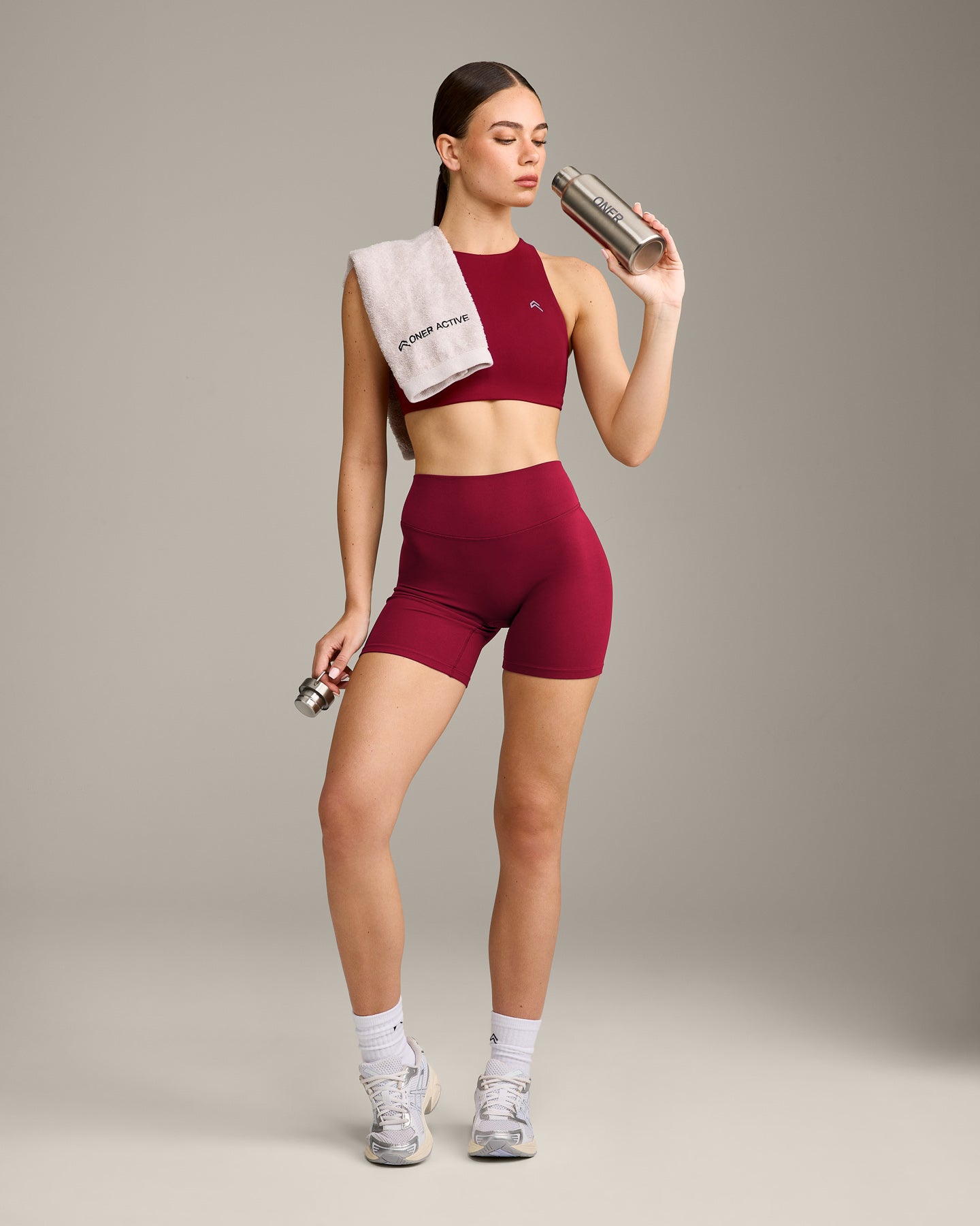 Alternative view of EasyLift High Neck Sports Bra with Grey Logo | Ruby Red
