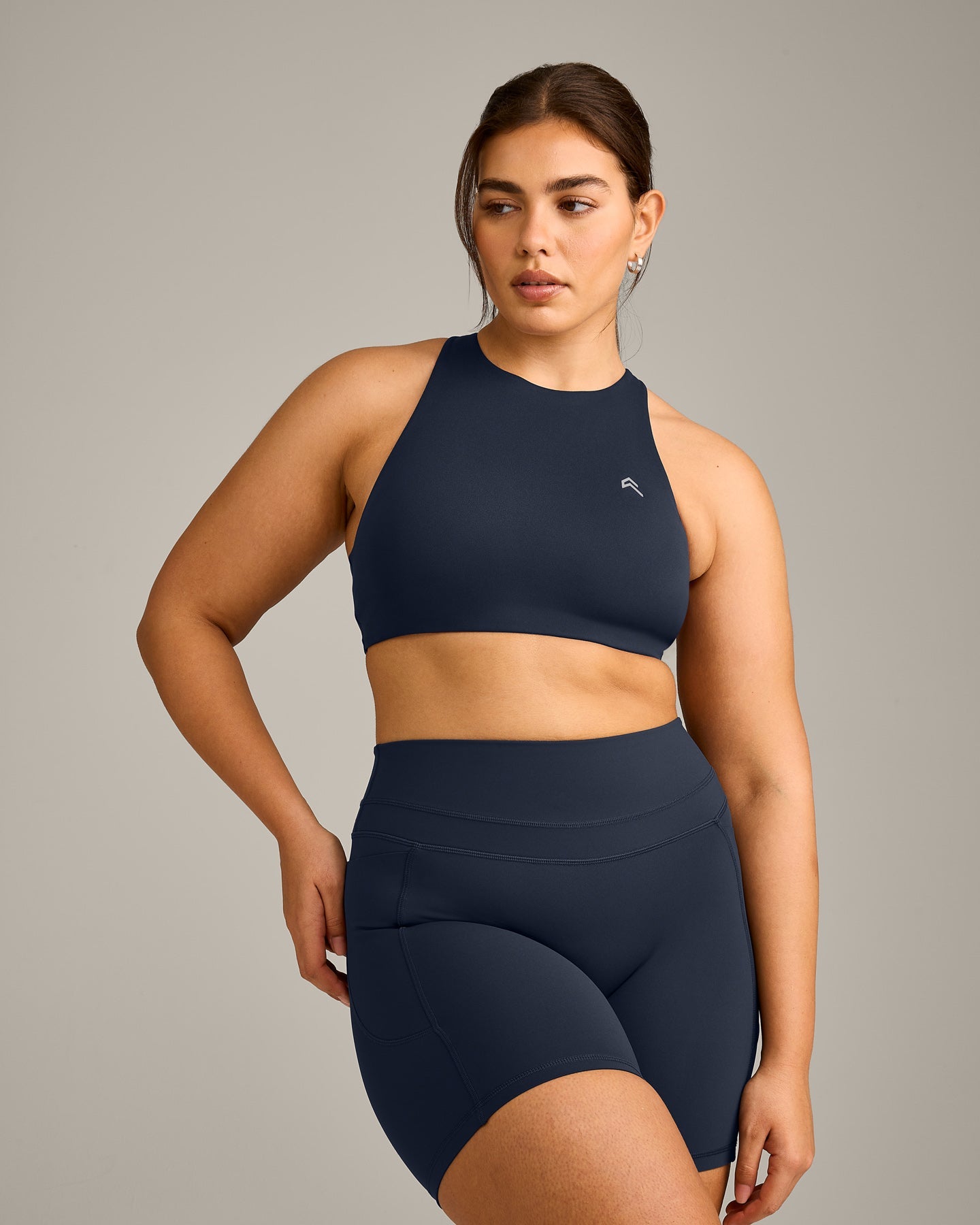 EasyLift High Neck Sports Bra with Grey Logo | True Blue