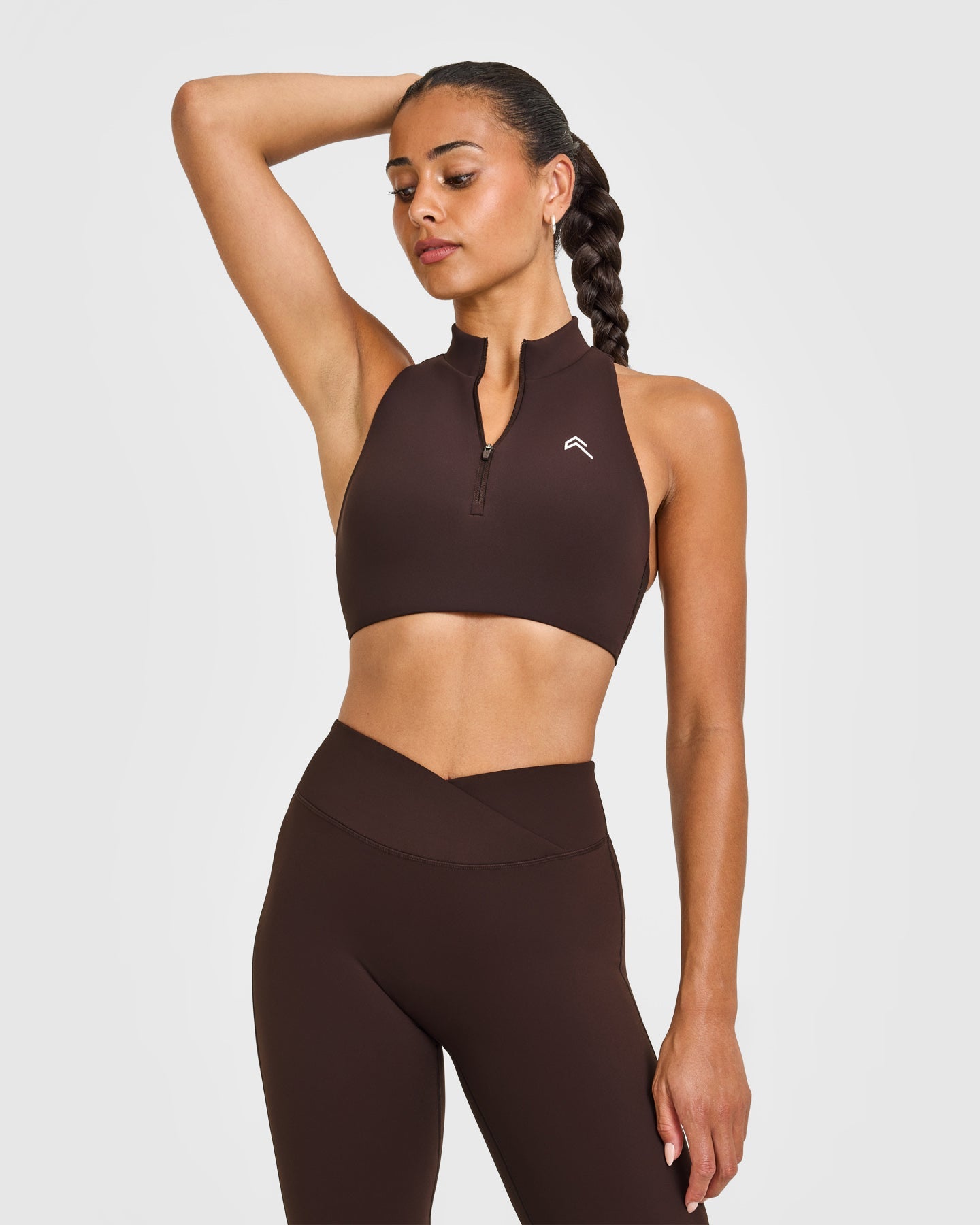 EasyLift Zip High Neck Sports Bra with White Logo | 70% Cocoa