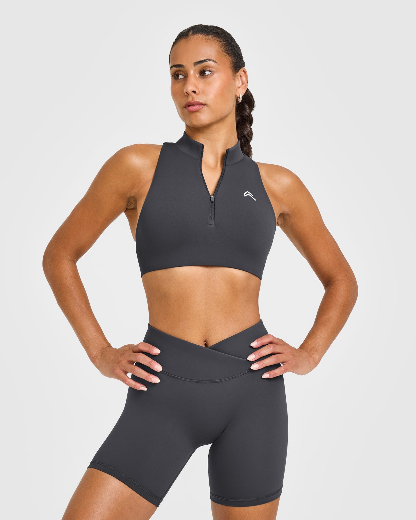 EasyLift Zip High Neck Sports Bra with White Logo | Coal