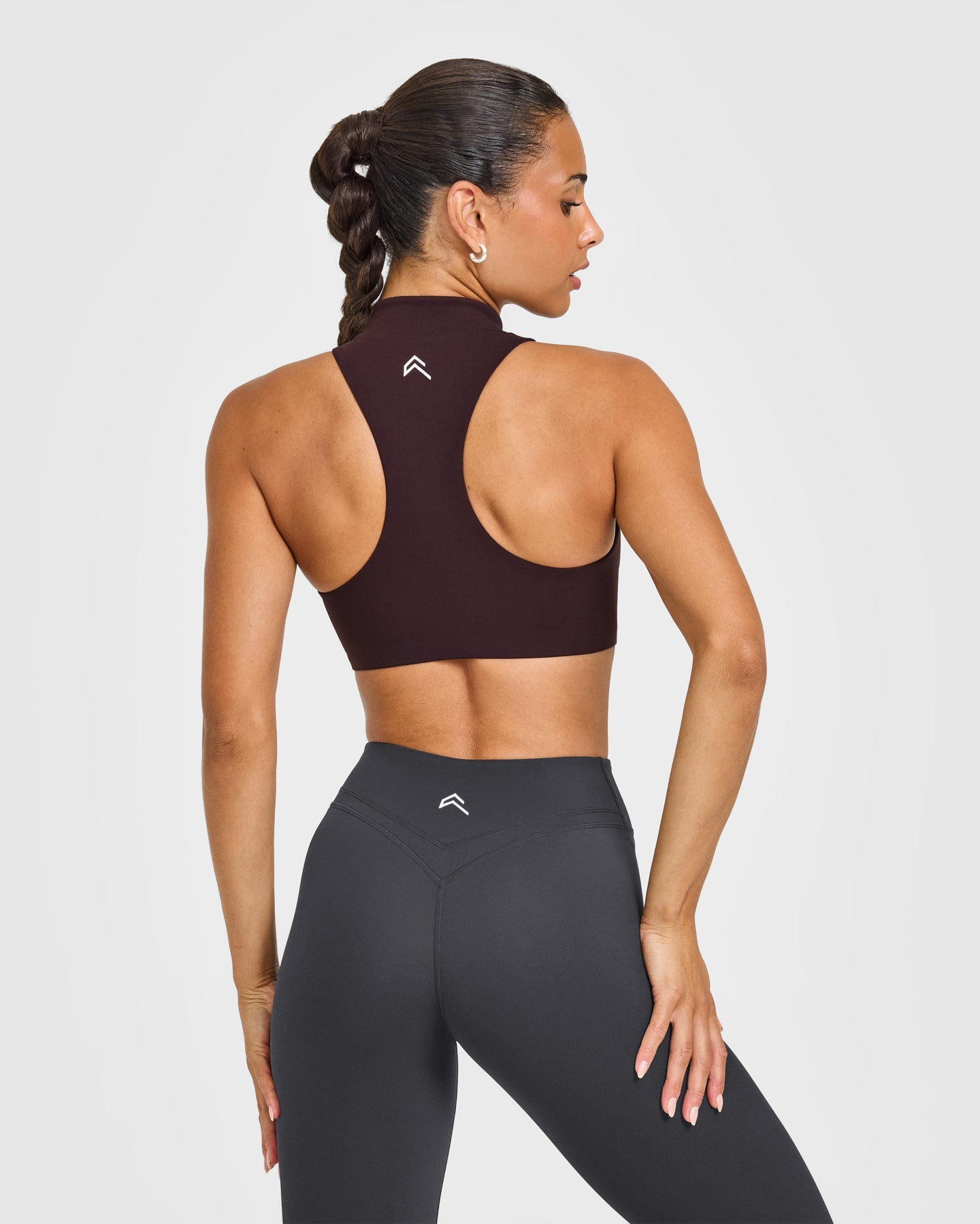 Alternative view of EasyLift Zip High Neck Sports Bra with White Logo | Plum Brown