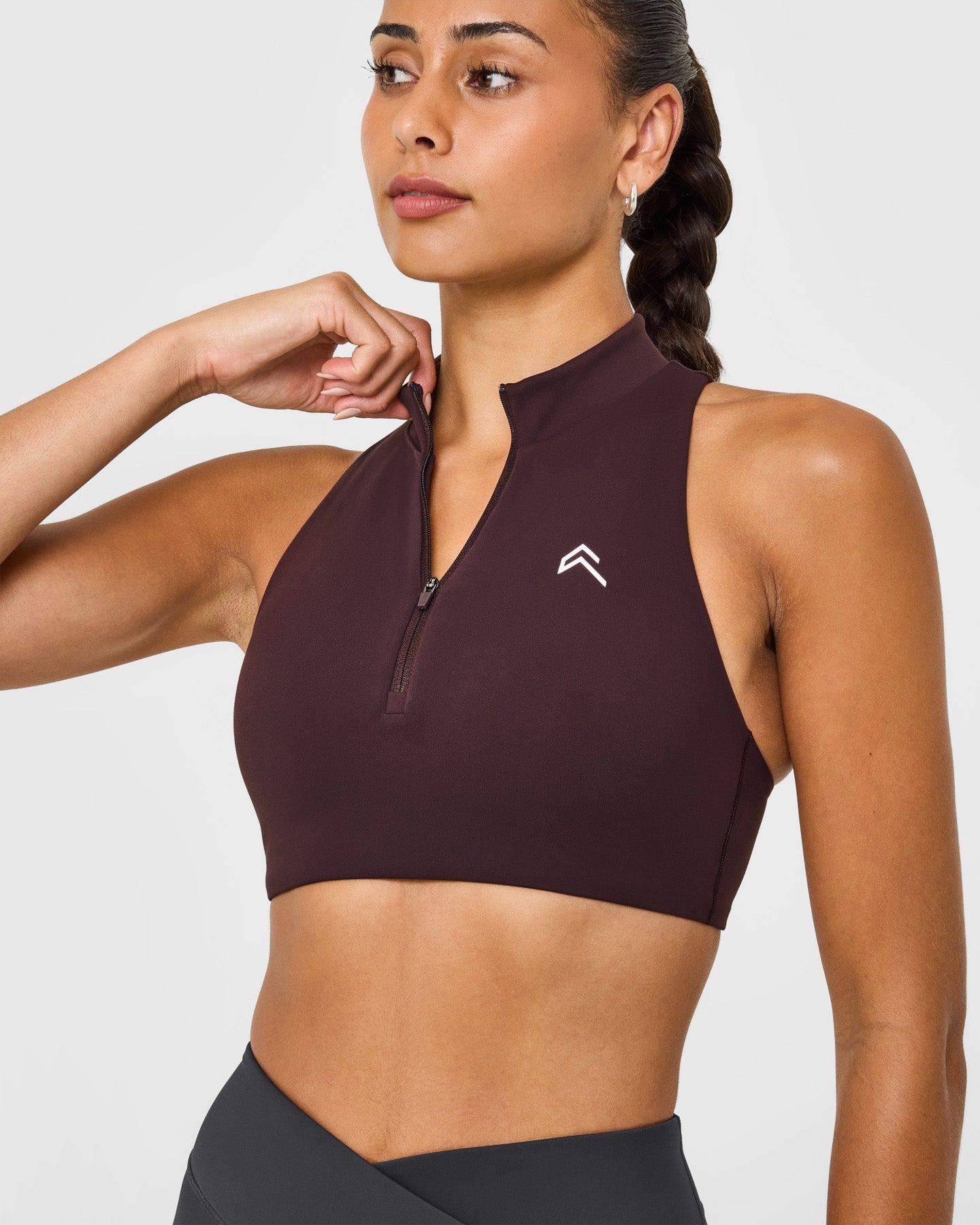 EasyLift Zip High Neck Sports Bra with White Logo | Plum Brown - Image 5