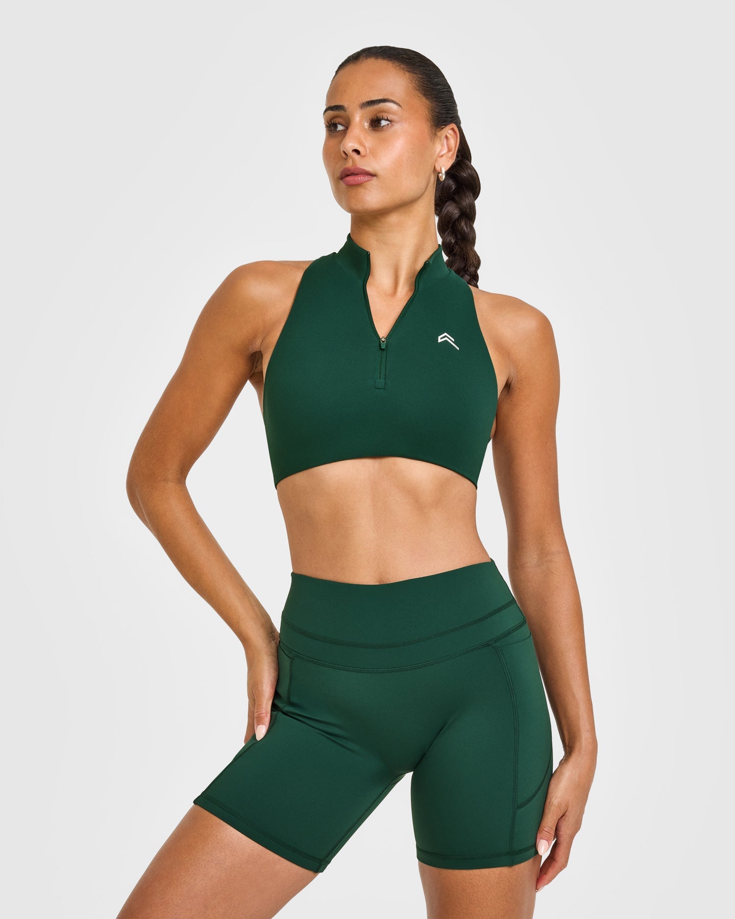 EasyLift Zip High Neck Sports Bra with White Logo | Racing Green