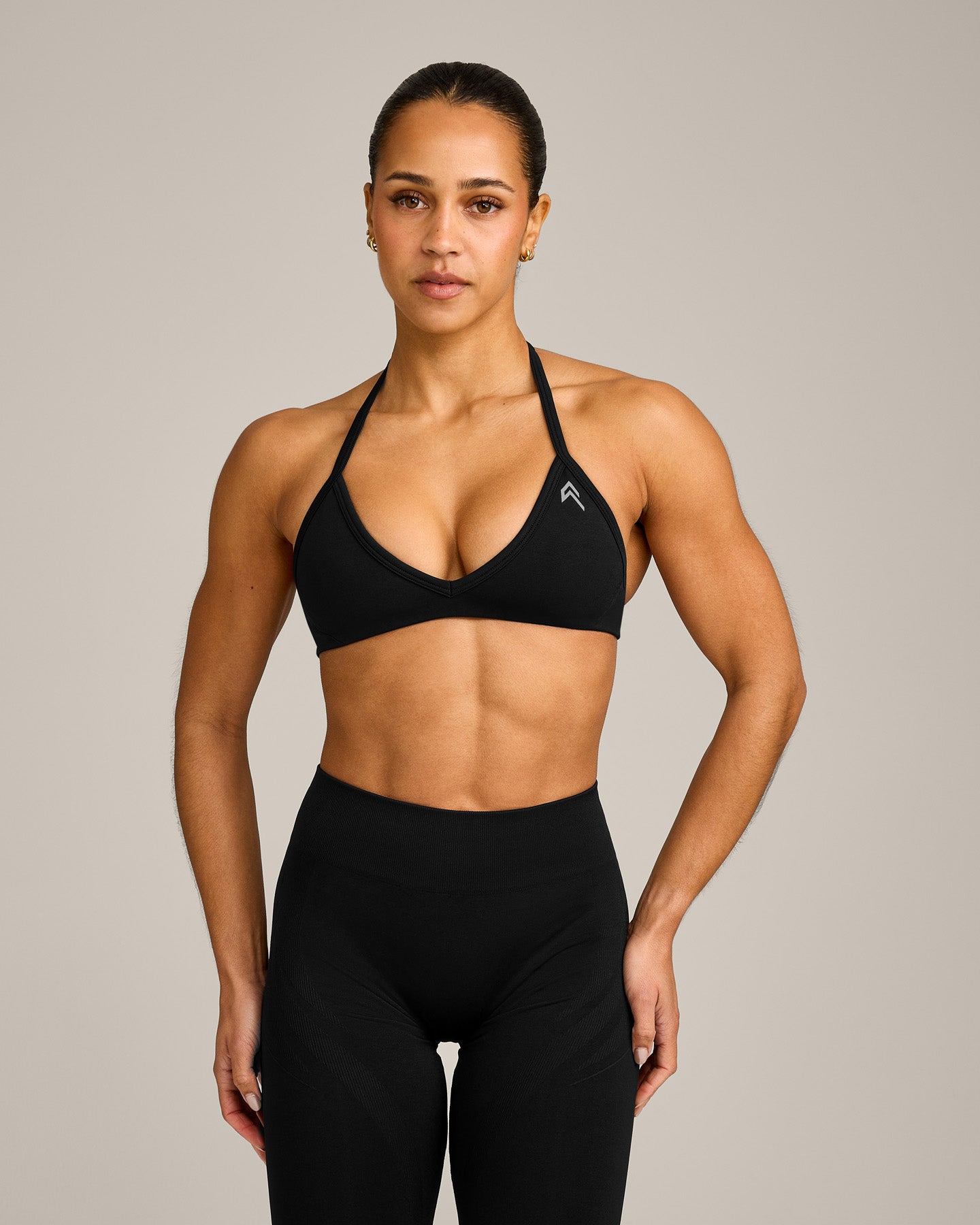 EnhanceLift Seamless Minimal Halter Neck Bralette with Grey Logo | Black