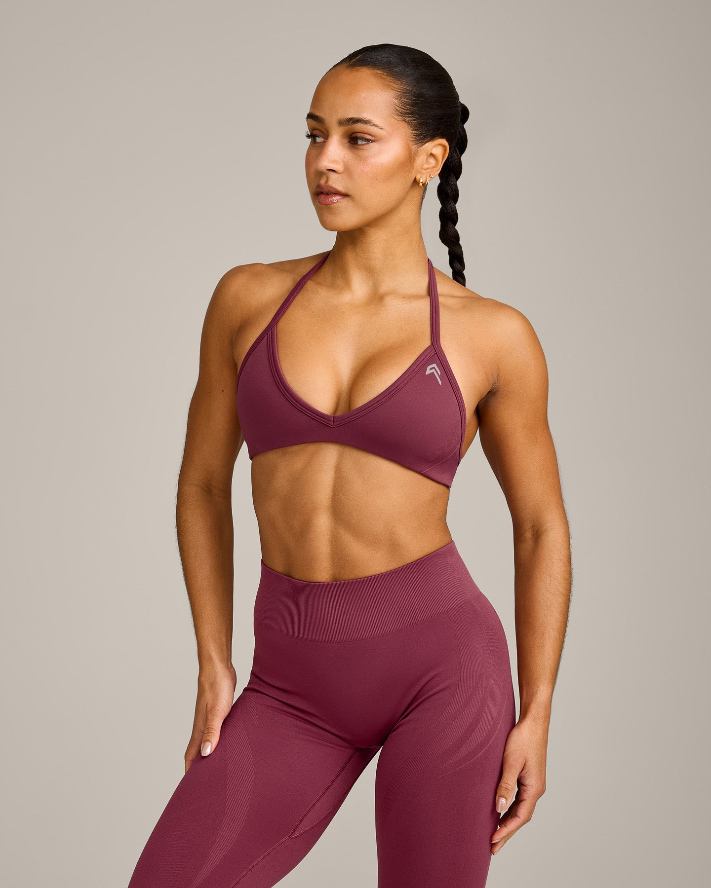 EnhanceLift Seamless Minimal Halter Neck Bralette with Grey Logo | Burnt Maroon