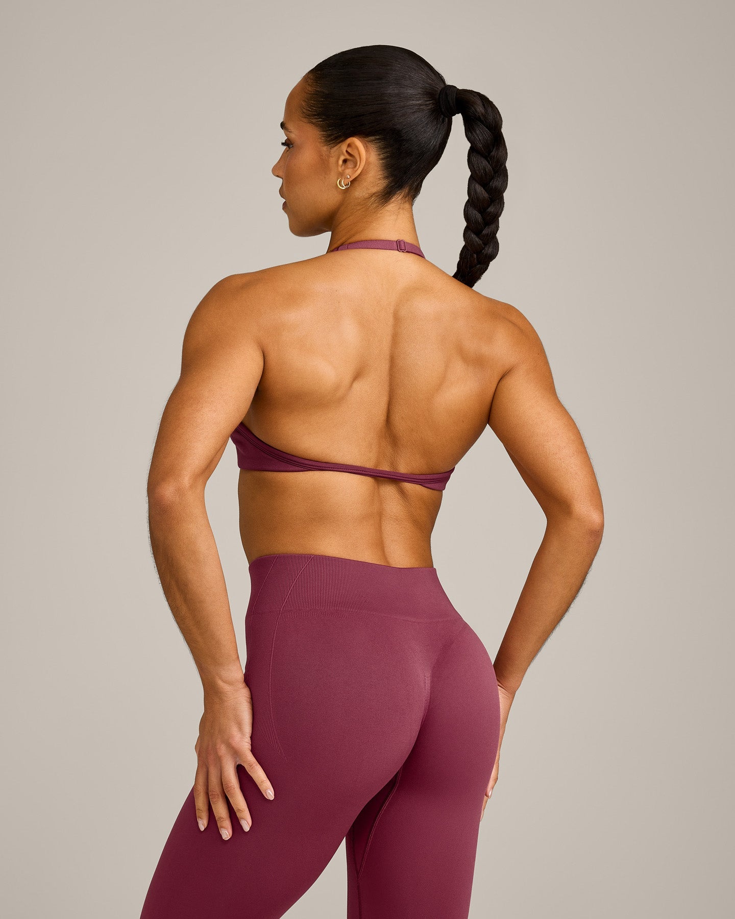 EnhanceLift Seamless Minimal Halter Neck Bralette with Grey Logo | Burnt Maroon - Image 5