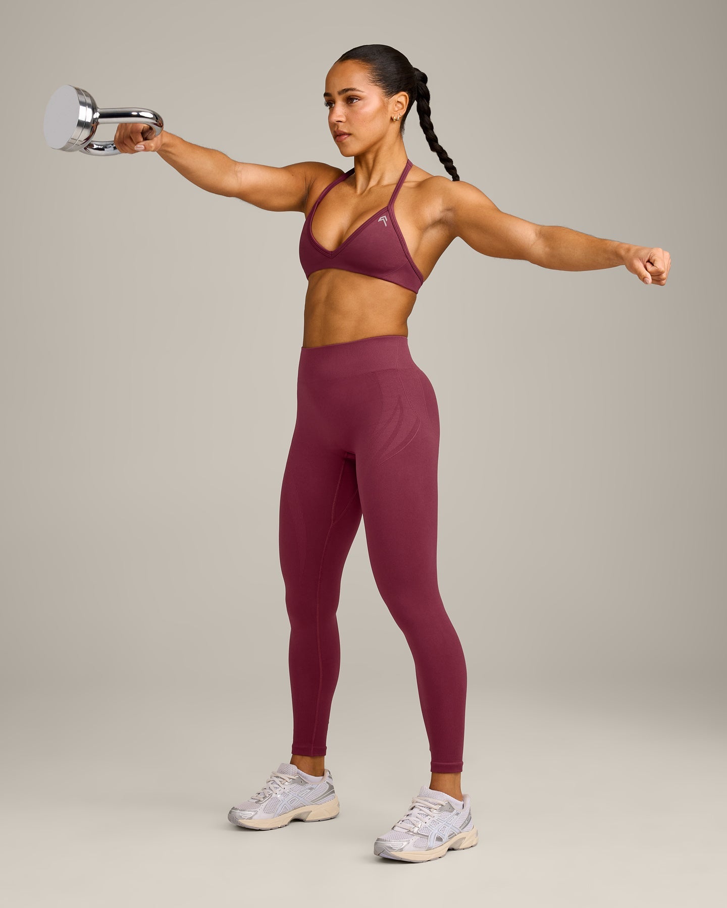 EnhanceLift Seamless Minimal Halter Neck Bralette with Grey Logo | Burnt Maroon - Image 3