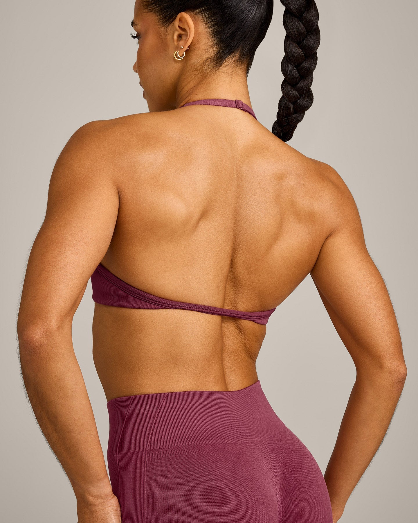 EnhanceLift Seamless Minimal Halter Neck Bralette with Grey Logo | Burnt Maroon - Image 4