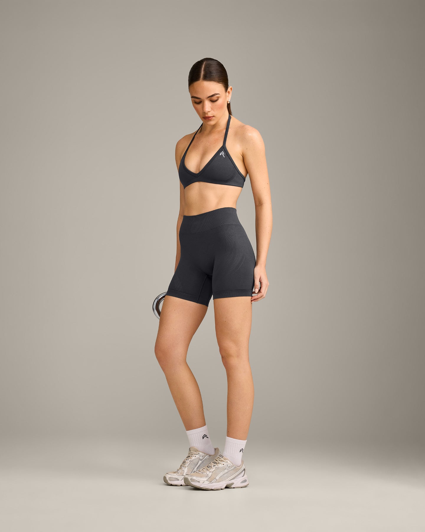 EnhanceLift Seamless Minimal Halter Neck Bralette with Grey Logo | Coal - Image 3