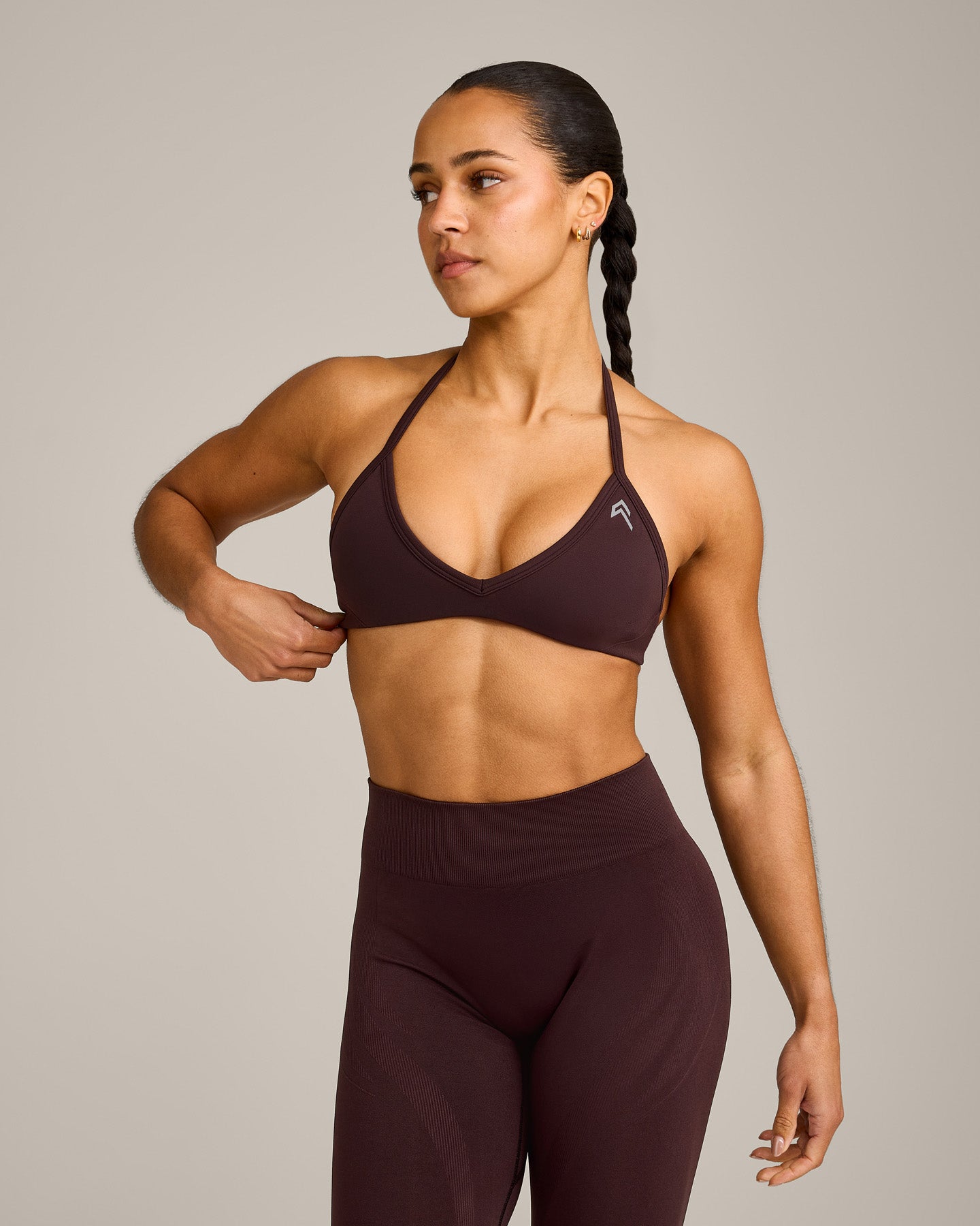 EnhanceLift Seamless Minimal Halter Neck Bralette with Grey Logo | Plum Brown