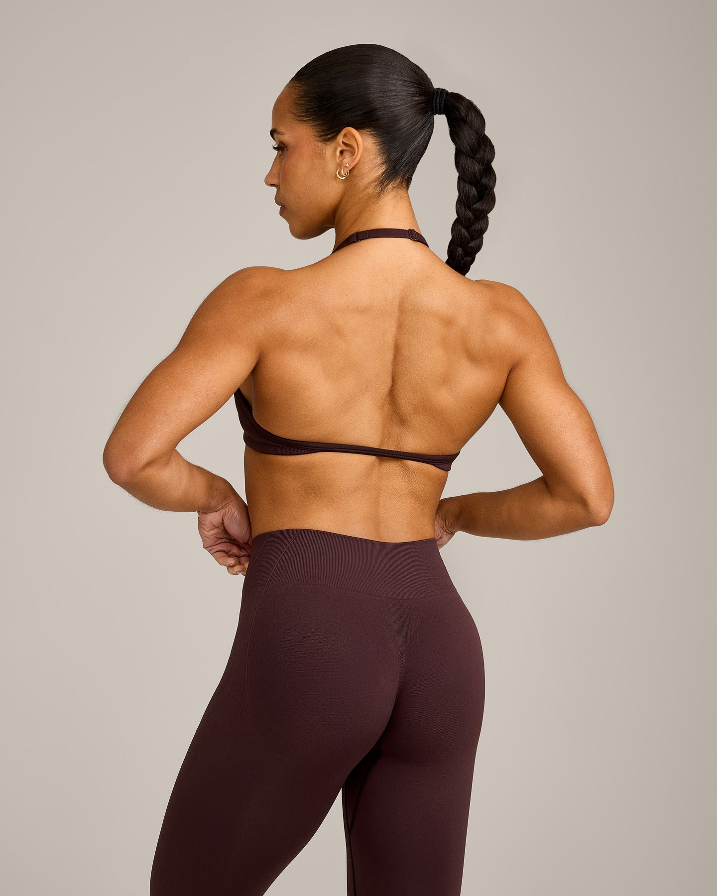 Alternative view of EnhanceLift Seamless Minimal Halter Neck Bralette with Grey Logo | Plum Brown