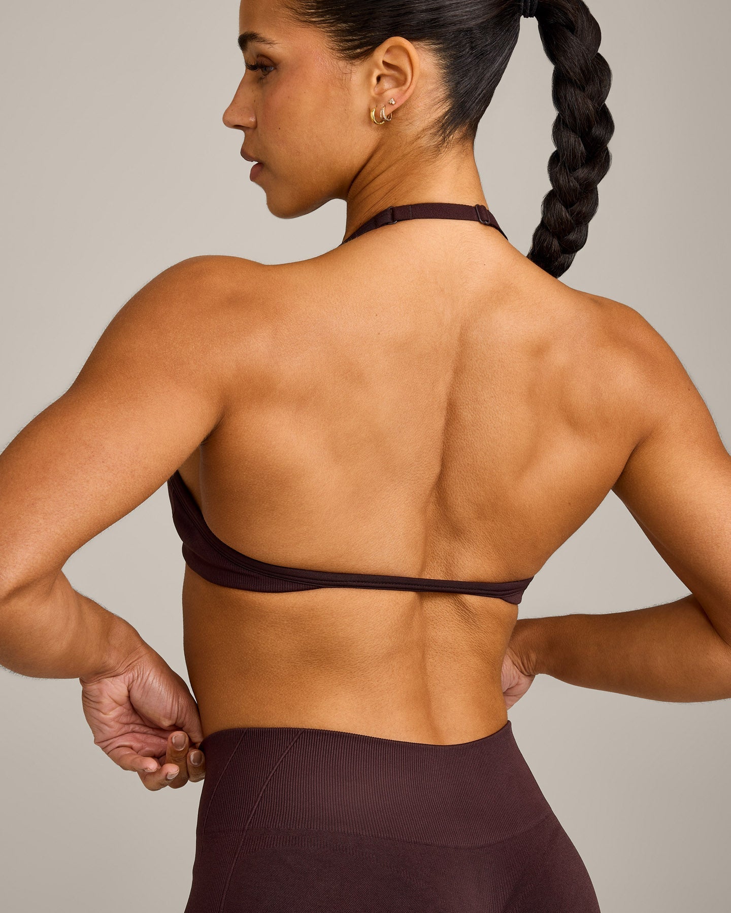 EnhanceLift Seamless Minimal Halter Neck Bralette with Grey Logo | Plum Brown - Image 4