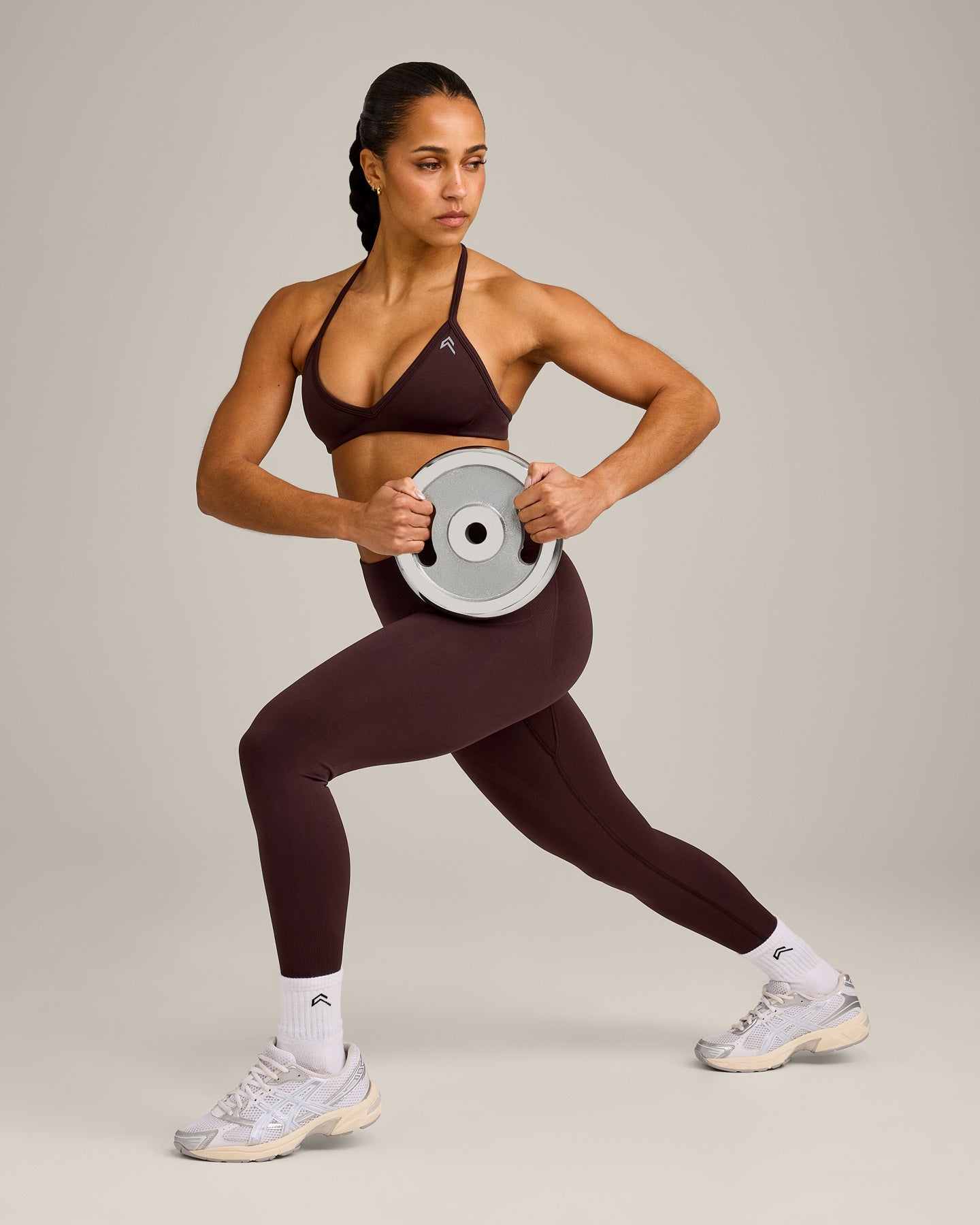 EnhanceLift Seamless Minimal Halter Neck Bralette with Grey Logo | Plum Brown - Image 6