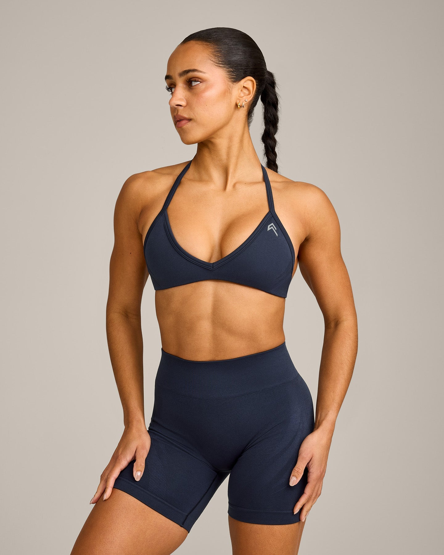 EnhanceLift Seamless Minimal Halter Neck Bralette with Grey Logo | True Blue