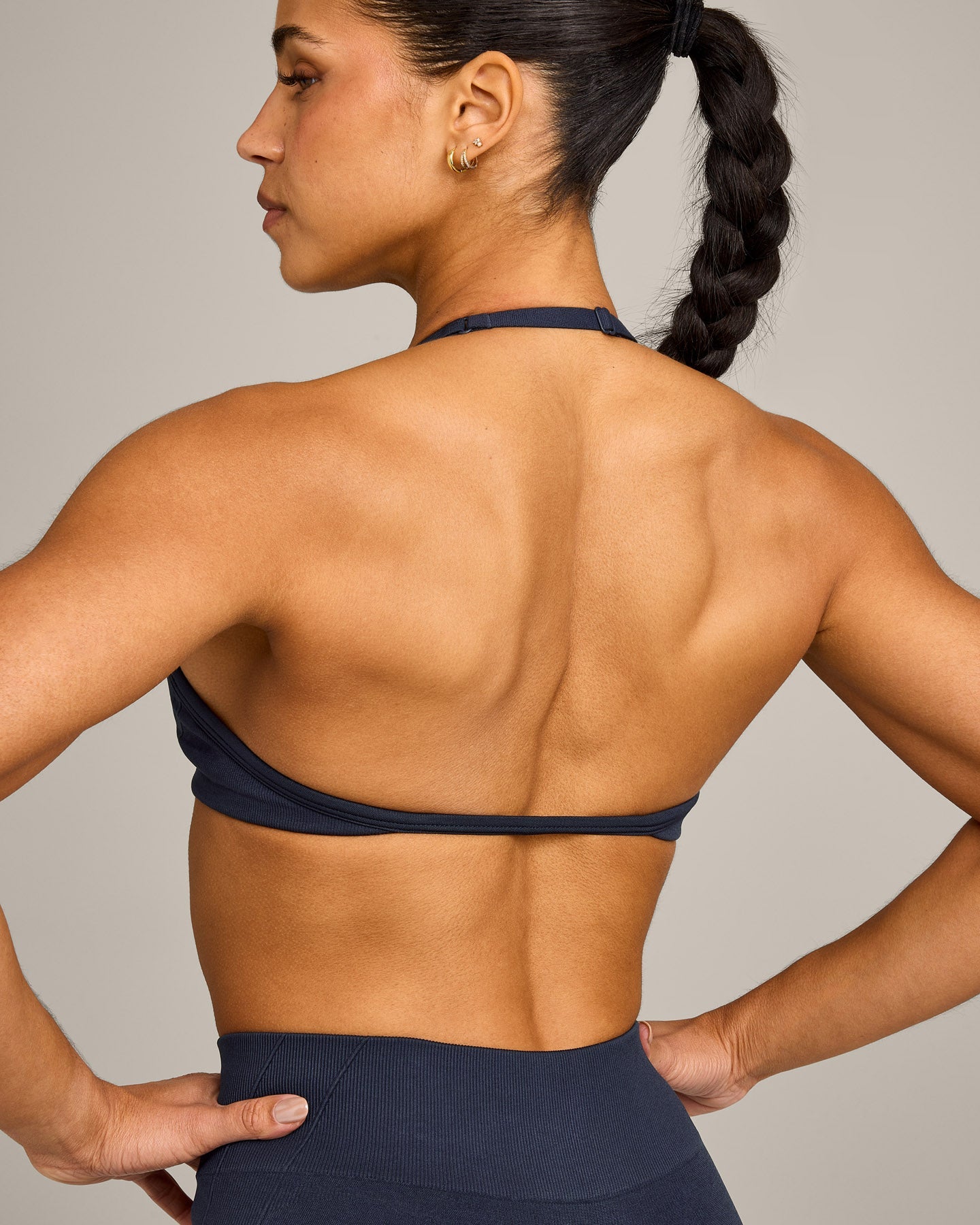 Alternative view of EnhanceLift Seamless Minimal Halter Neck Bralette with Grey Logo | True Blue