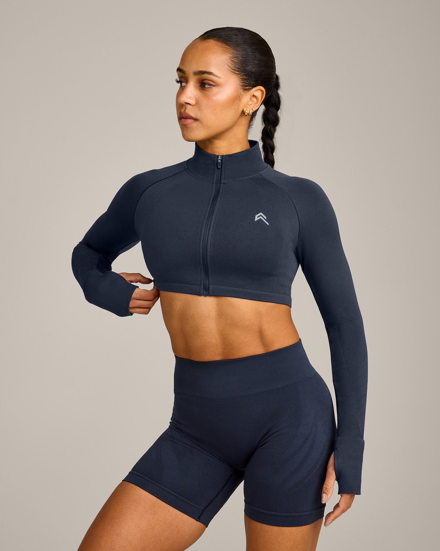 EnhanceLift Seamless Crop Jacket with Grey Logo | True Blue