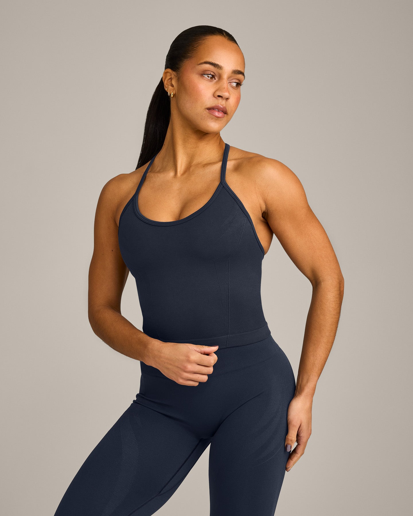 EnhanceLift Seamless Strappy Racer Vest with Built in Bra Shelf with Grey Logo | True Blue