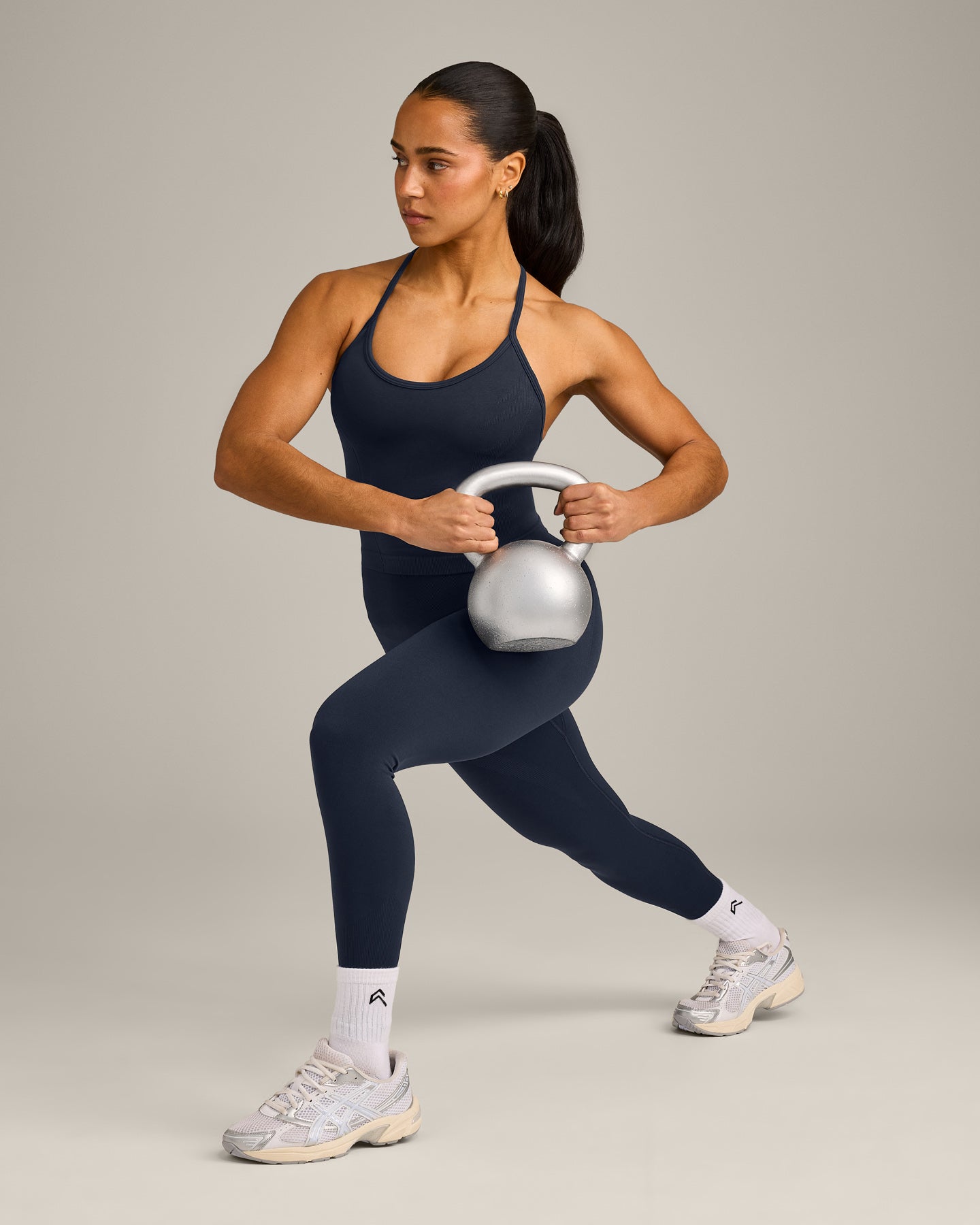 EnhanceLift Seamless Strappy Racer Vest with Built in Bra Shelf with Grey Logo | True Blue - Image 3